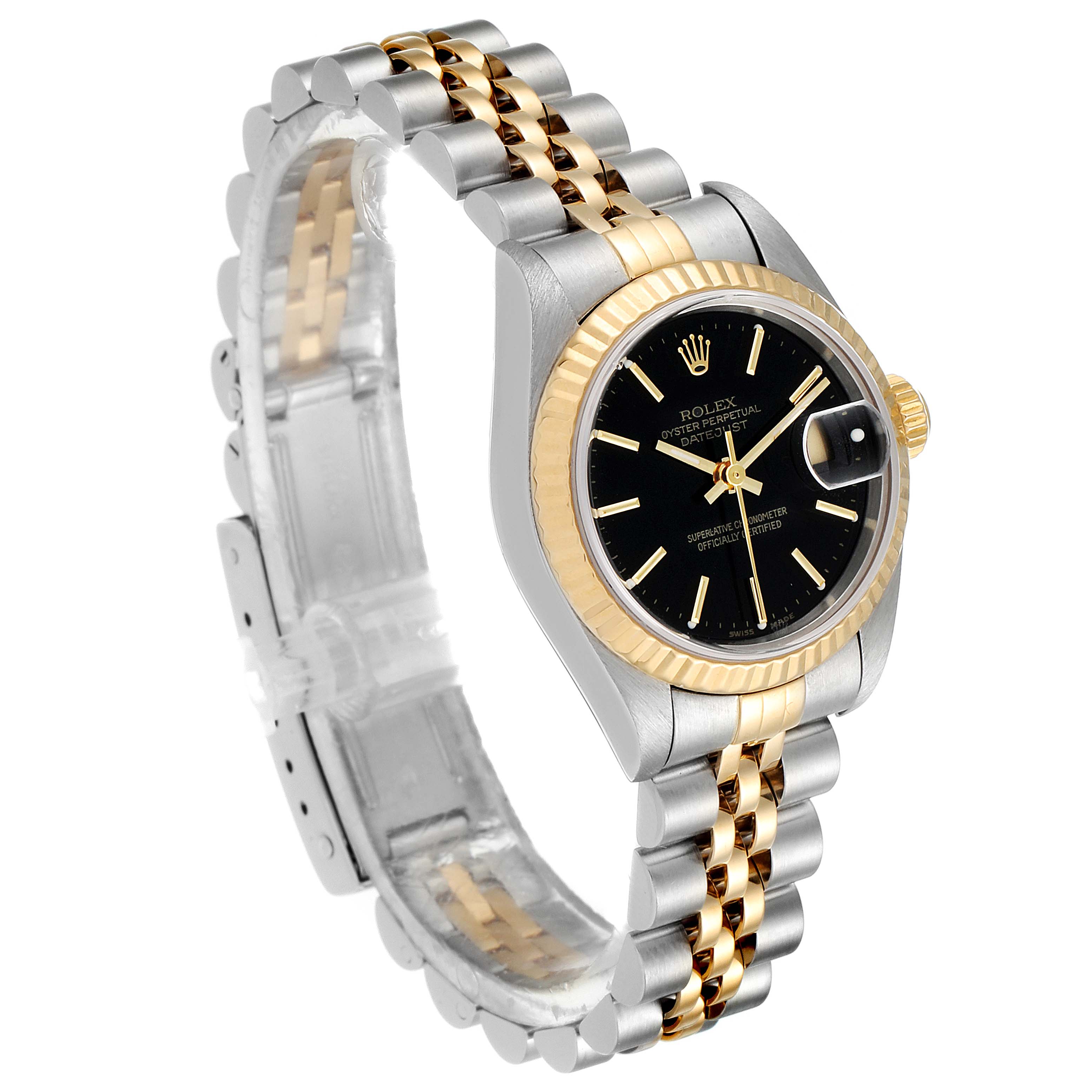 The Rolex Datejust 79173 Women's Steel and Gold (two tone) Black Dial 79173 Women's Steel and Gold (two tone) Black Dial watch is shown at a three-quarter angle, highlighting its gold and stainless steel bracelet and black dial.