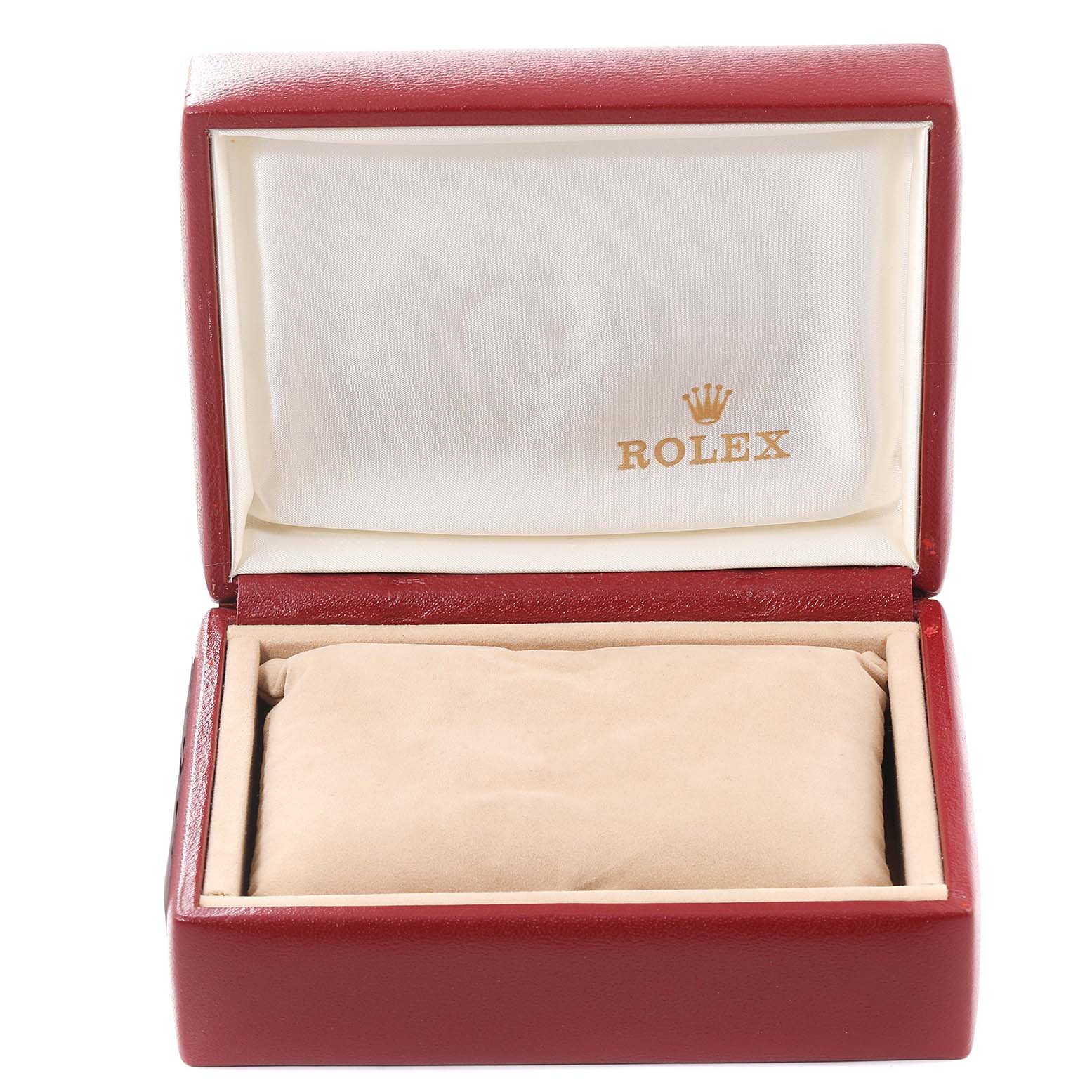 This image shows an open red Rolex Datejust 69173 Women's Steel and Gold (two tone) White Dial 69173 Women's Steel and Gold (two tone) White Dial watch box with a cream-colored interior and the Rolex logo on the lid.