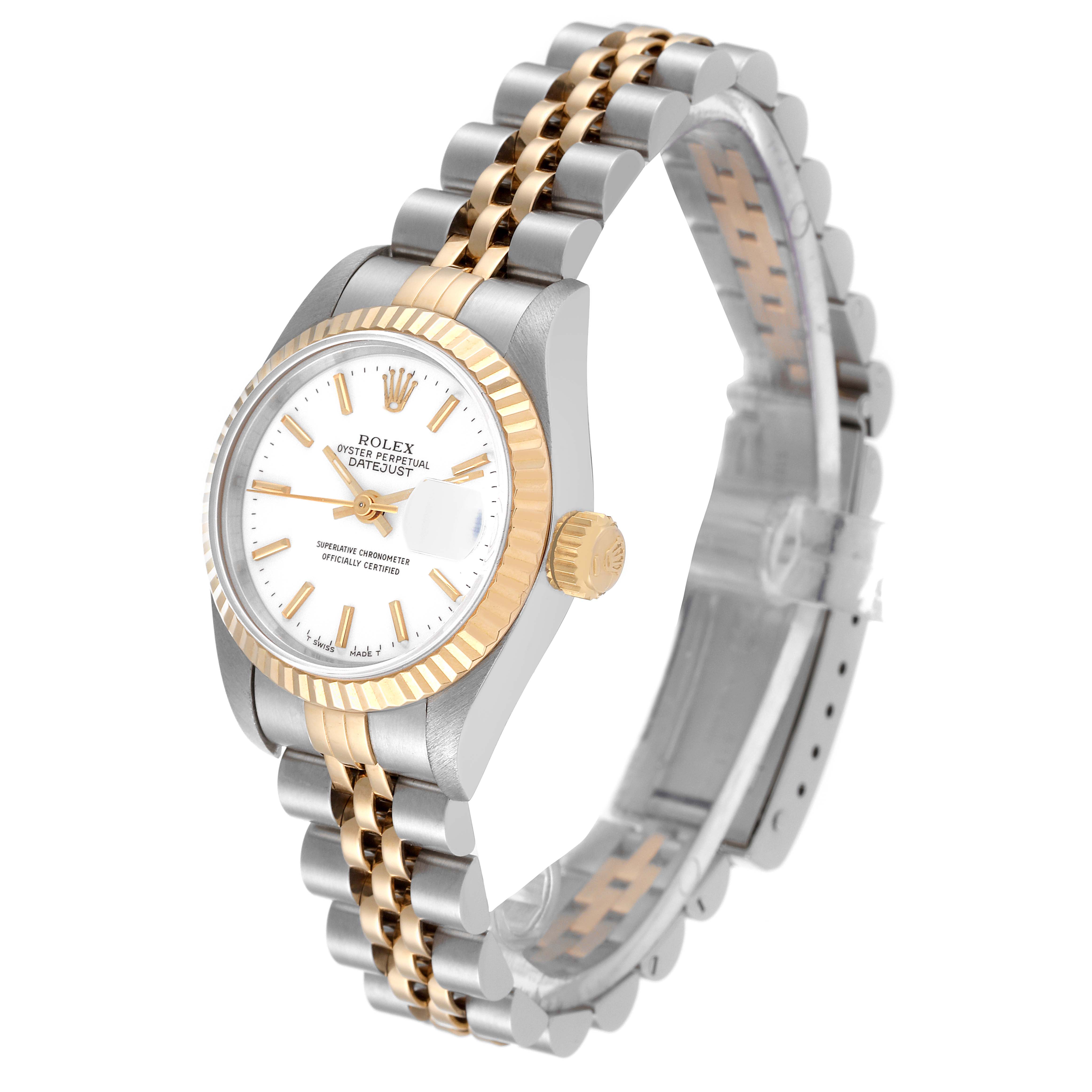 This image shows a Rolex Datejust 69173 Women's Steel and Gold (two tone) White Dial 69173 Women's Steel and Gold (two tone) White Dial watch from a slightly angled perspective, highlighting its bracelet, dial, and fluted bezel.