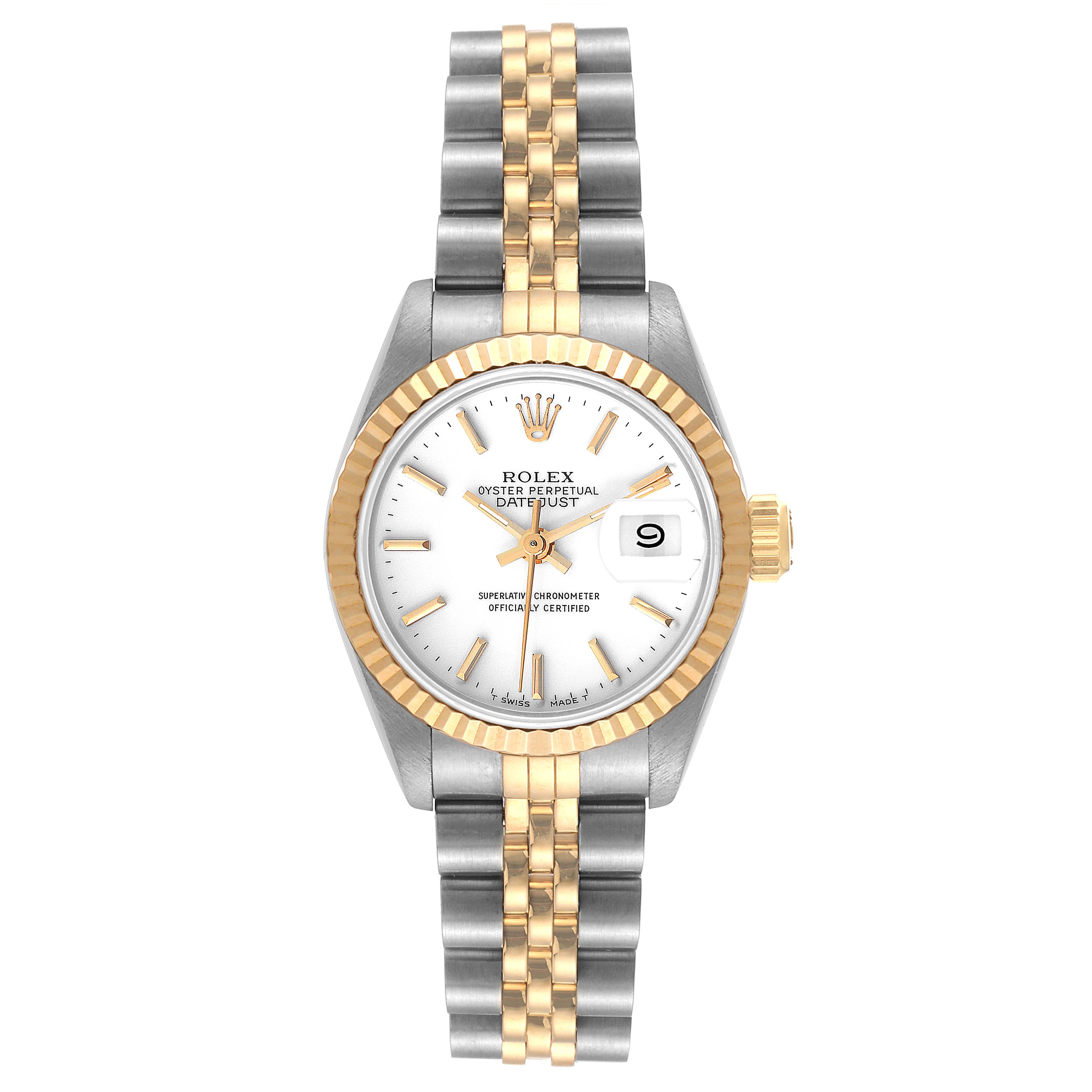 The image shows a front view of a Rolex Datejust 69173 Women's Steel and Gold (two tone) White Dial 69173 Women's Steel and Gold (two tone) White Dial watch featuring a two-tone design with a fluted bezel and Jubilee bracelet.