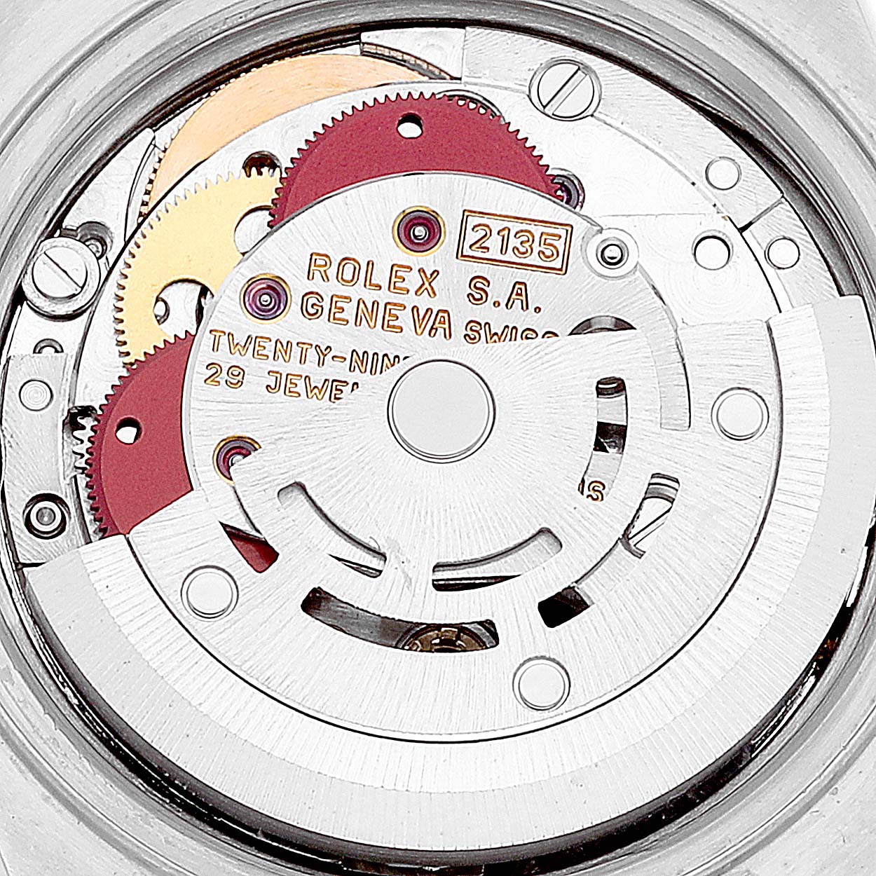 The image shows the movement mechanism of a Rolex Datejust 69173 Women's Steel and Gold (two tone) White Dial 69173 Women's Steel and Gold (two tone) White Dial watch, focusing on its intricate internal components.