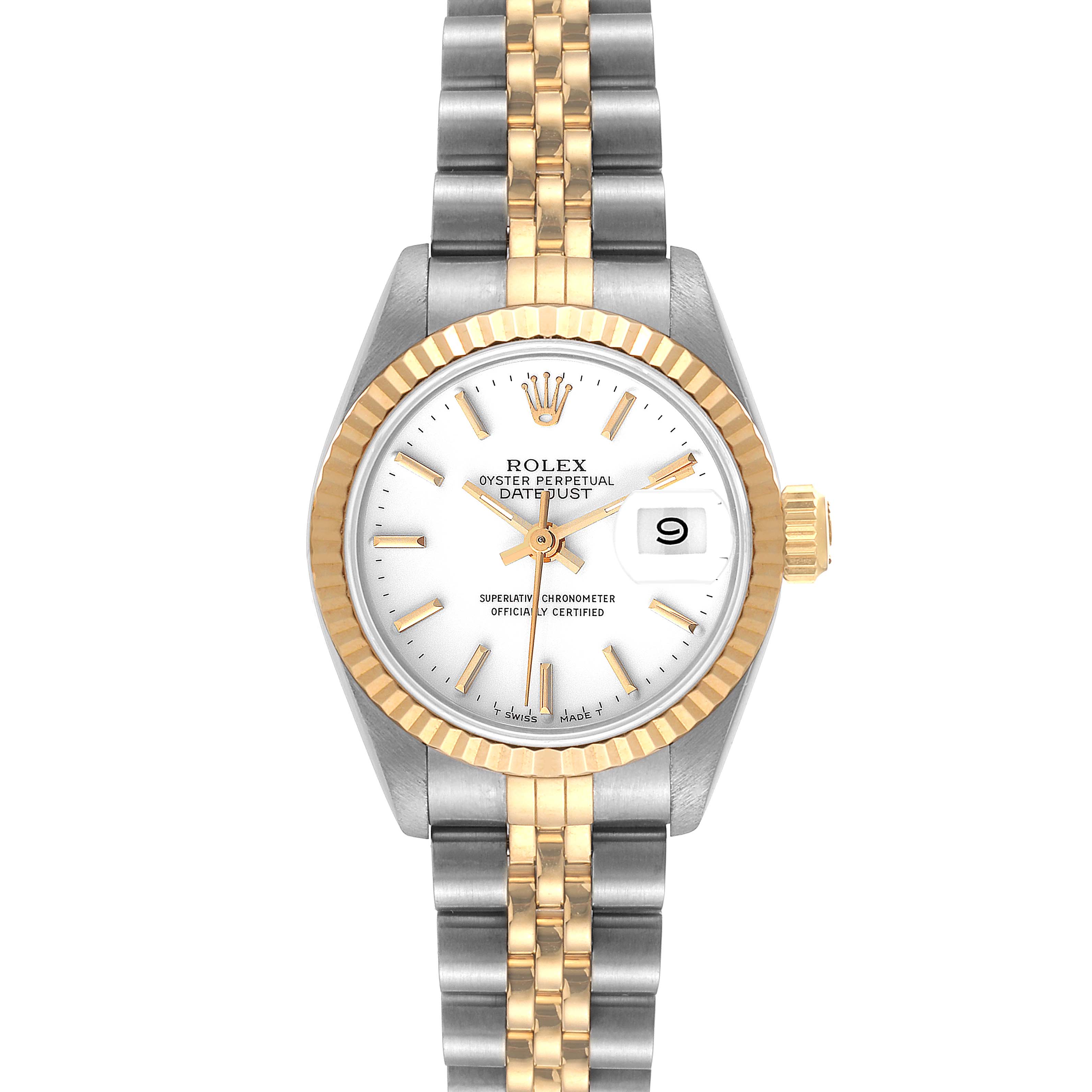 The Rolex Datejust 69173 Women's Steel and Gold (two tone) White Dial 69173 Women's Steel and Gold (two tone) White Dial watch is shown from a top view, displaying the face, bezel, and full bracelet.