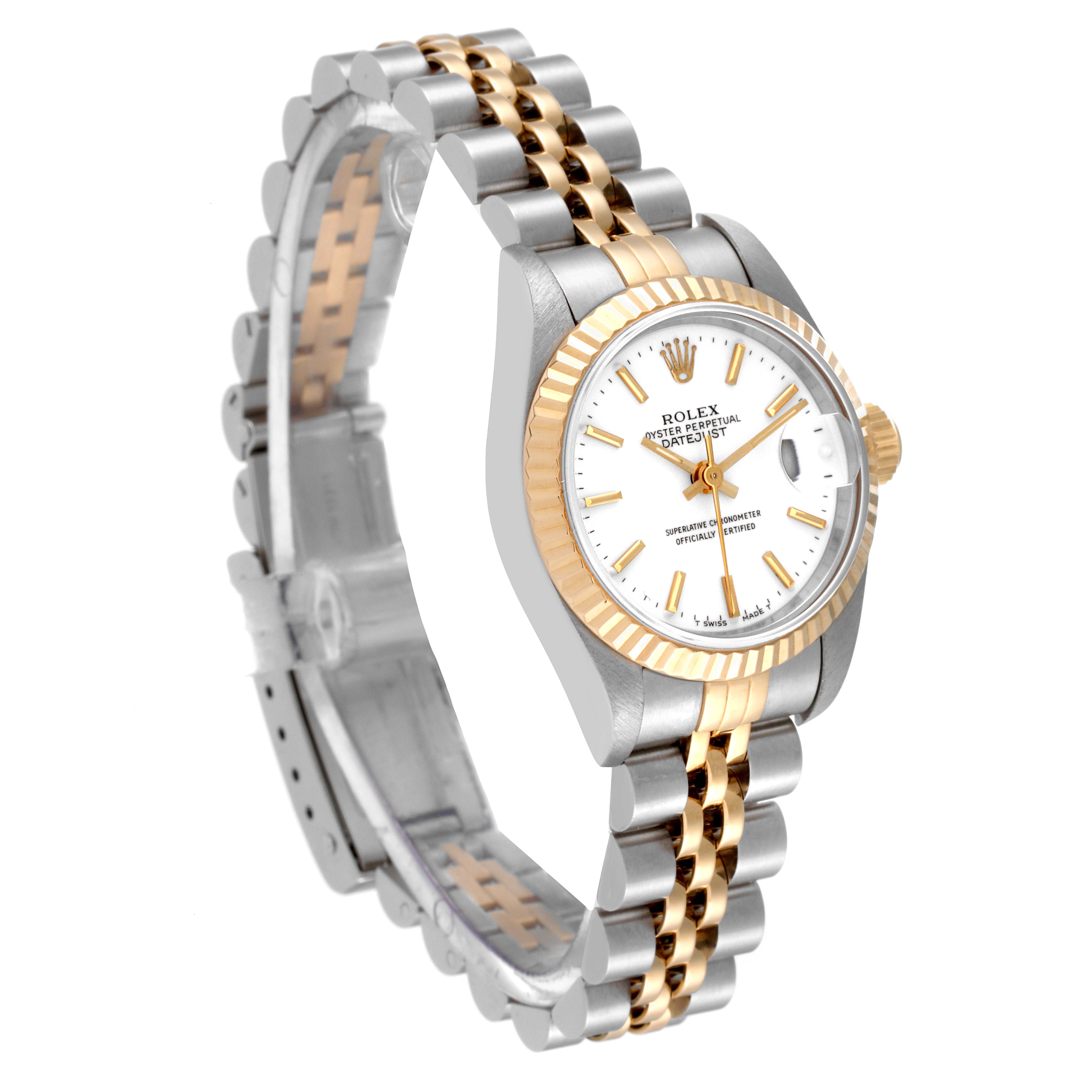 The Rolex Datejust 69173 Women's Steel and Gold (two tone) White Dial 69173 Women's Steel and Gold (two tone) White Dial watch is shown at an angle highlighting its two-tone bezel, white dial, and part of its Jubilee bracelet.