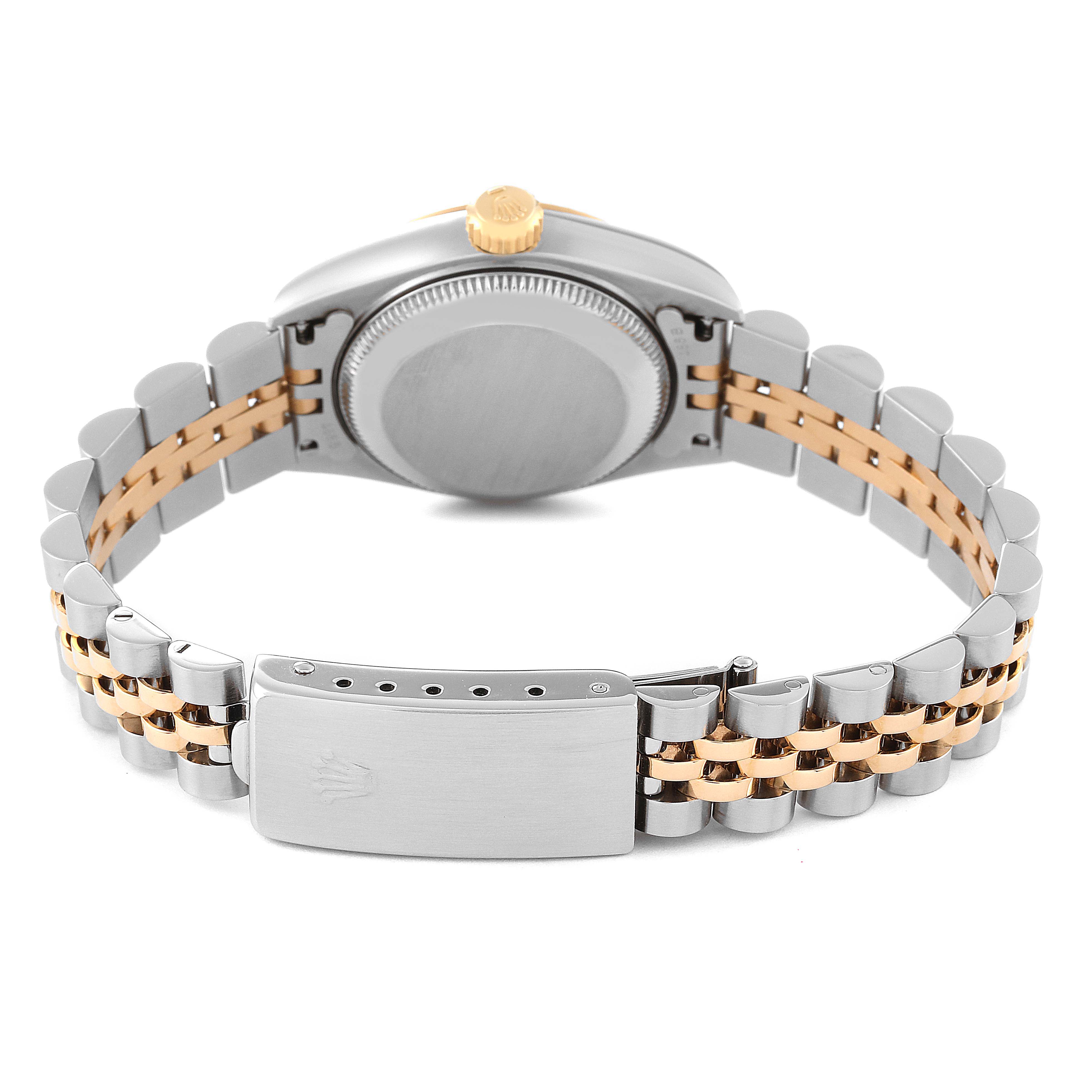 The Rolex Datejust 69173 Women's Steel and Gold (two tone) White Dial 69173 Women's Steel and Gold (two tone) White Dial watch is shown from the back, highlighting its bracelet, clasp, and case back.