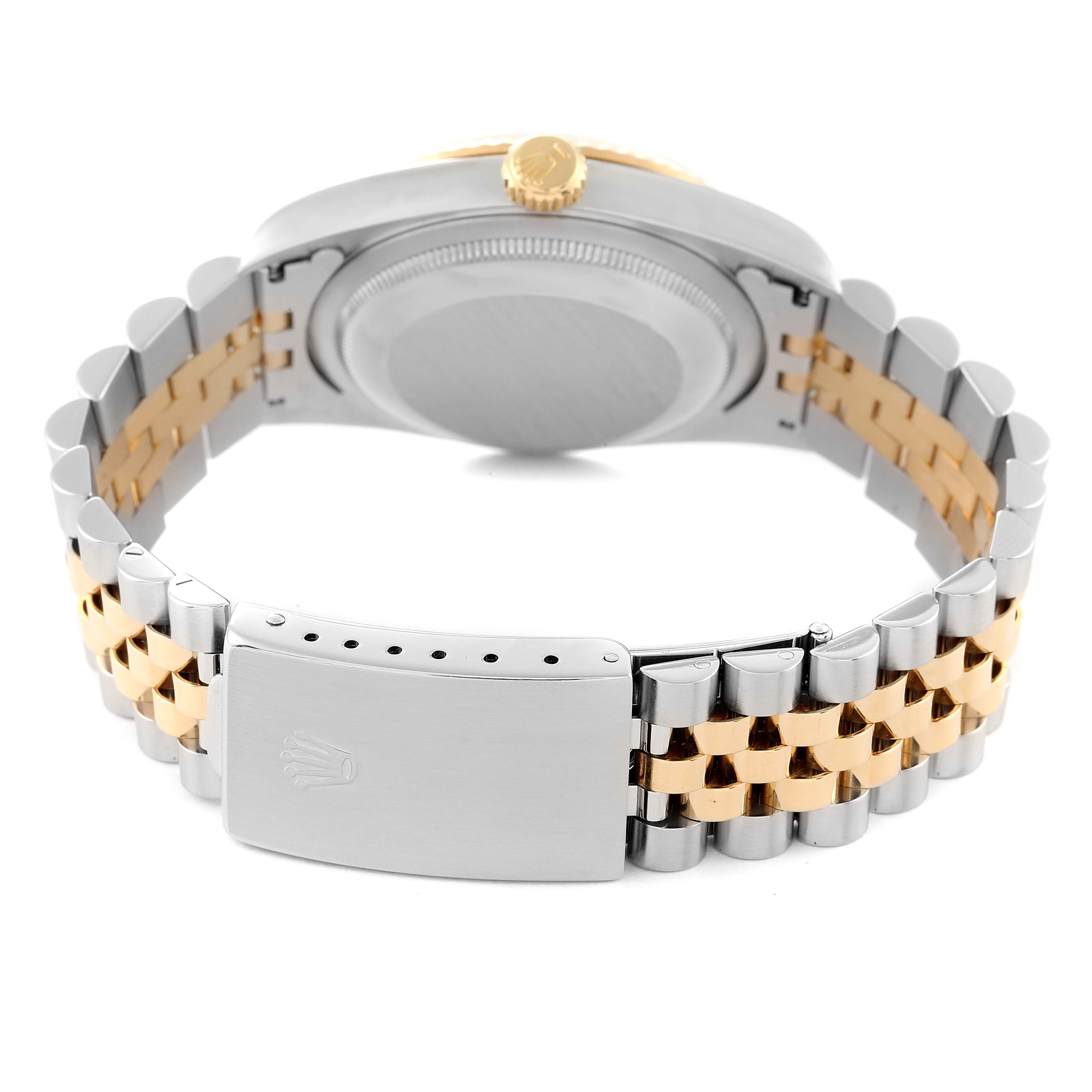 The image shows the back of a Rolex Datejust 16233 Men's Steel and Gold (two tone) White Dial 16233 Men's Steel and Gold (two tone) White Dial watch, focusing on its case, crown, and two-tone Jubilee bracelet with a clasp.