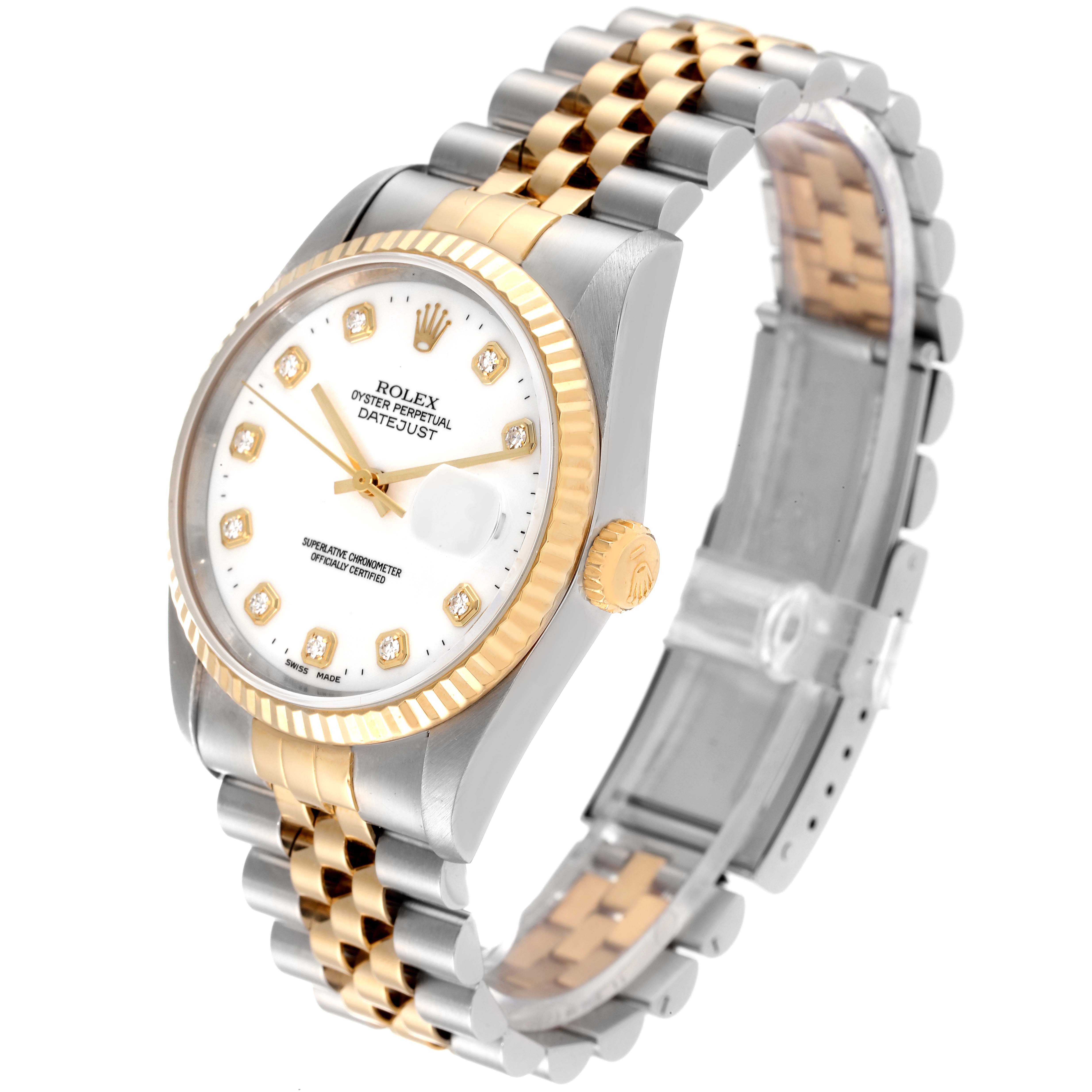 This is a Rolex Datejust 16233 Men's Steel and Gold (two tone) White Dial 16233 Men's Steel and Gold (two tone) White Dial watch shown from an angle, highlighting the dial, bezel, crown, and Jubilee bracelet.