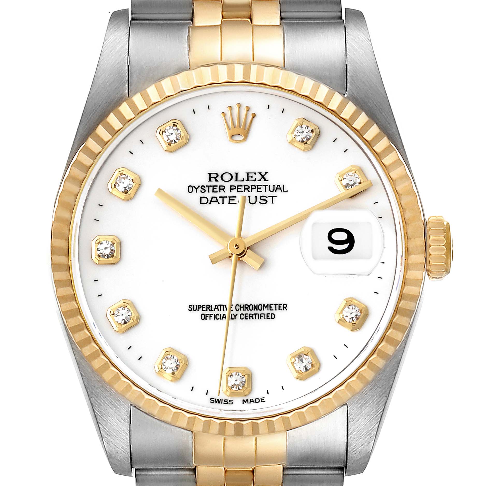 The image shows a frontal view of a Rolex Datejust 16233 Men's Steel and Gold (two tone) White Dial 16233 Men's Steel and Gold (two tone) White Dial watch, displaying its face, bezel, and part of the bracelet.