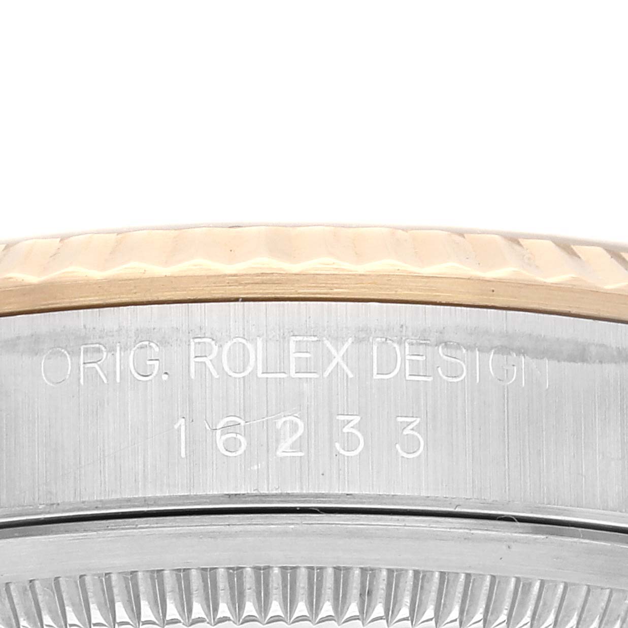The image shows a close-up of the case side, bezel, and model number (16233) engraving of a Rolex Datejust 16233 Men's Steel and Gold (two tone) White Dial 16233 Men's Steel and Gold (two tone) White Dial watch.