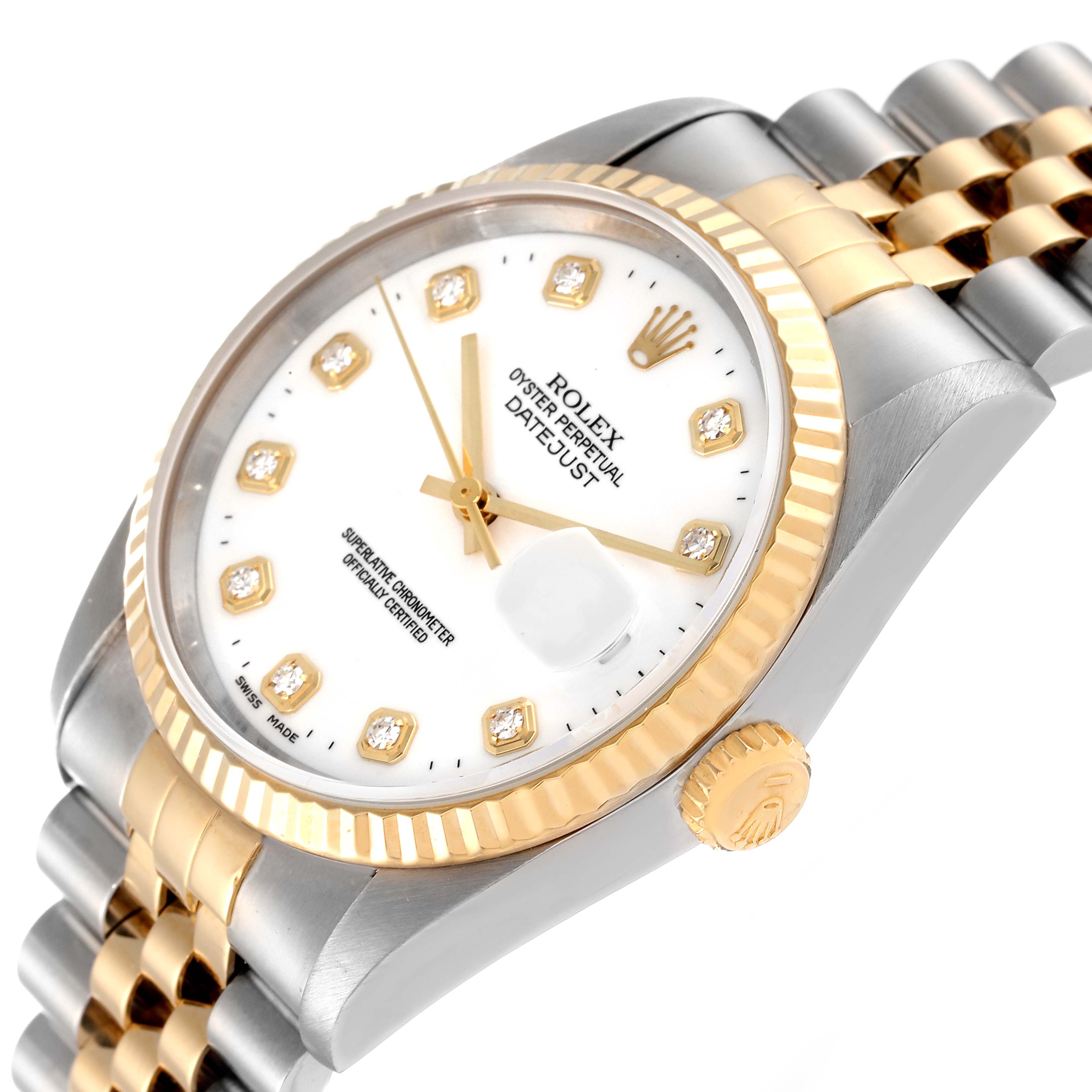 This image shows the Rolex Datejust 16233 Men's Steel and Gold (two tone) White Dial 16233 Men's Steel and Gold (two tone) White Dial watch at a slight angle, highlighting the dial, fluted bezel, and two-tone bracelet.