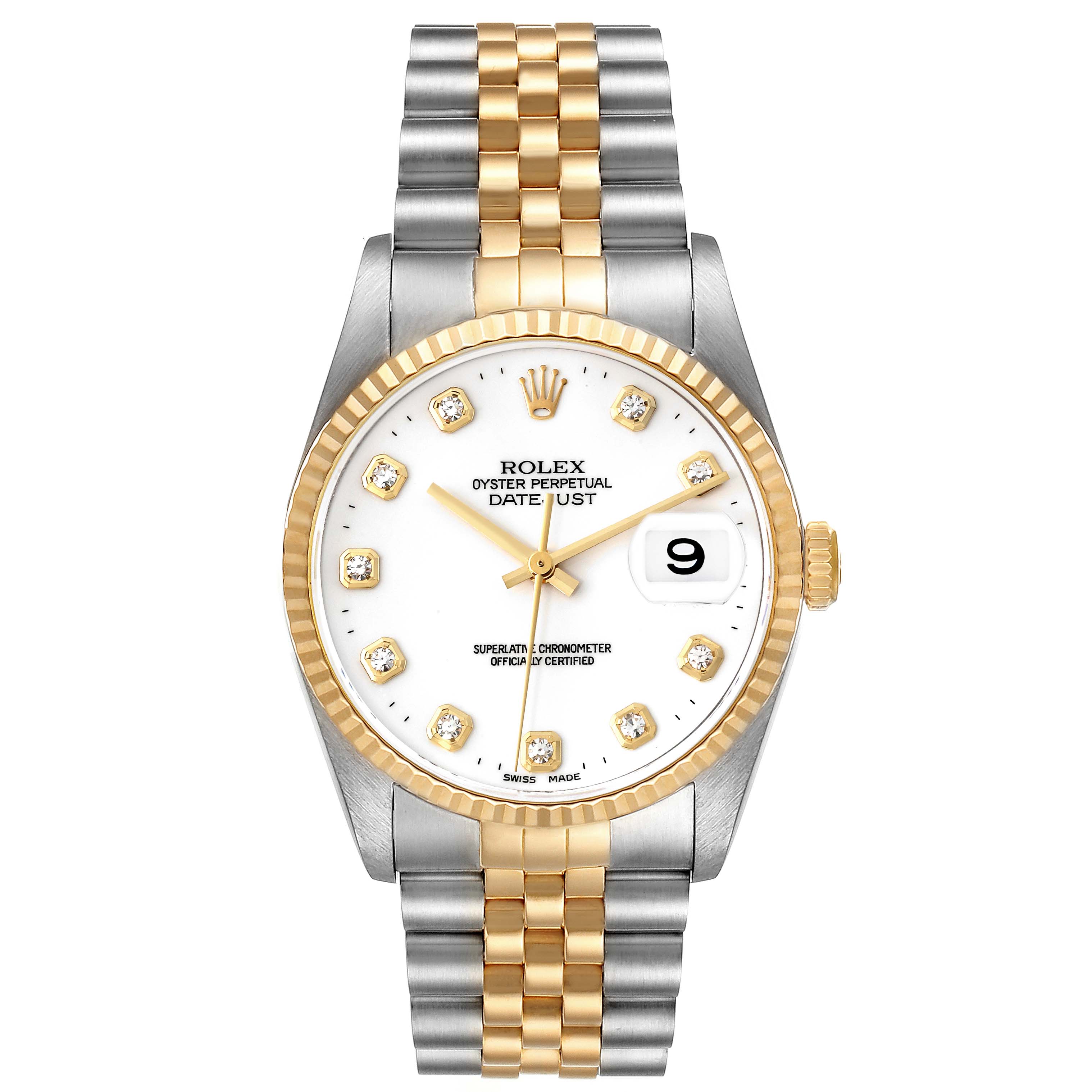 The Rolex Datejust 16233 Men's Steel and Gold (two tone) White Dial 16233 Men's Steel and Gold (two tone) White Dial watch is shown from a front view, displaying its dial, bezel, crown, and two-tone bracelet.