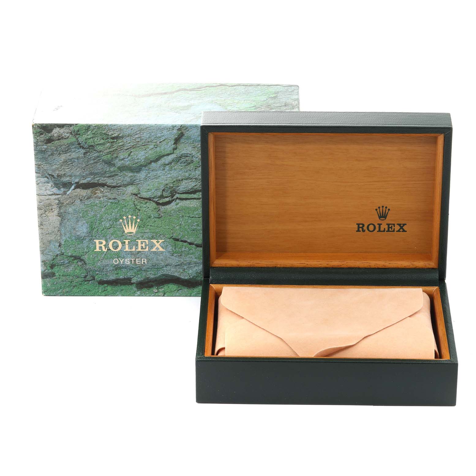 The image shows a Rolex Datejust 16233 Men's Steel and Gold (two tone) White Dial 16233 Men's Steel and Gold (two tone) White Dial box and outer packaging with the lid open, displaying the interior.