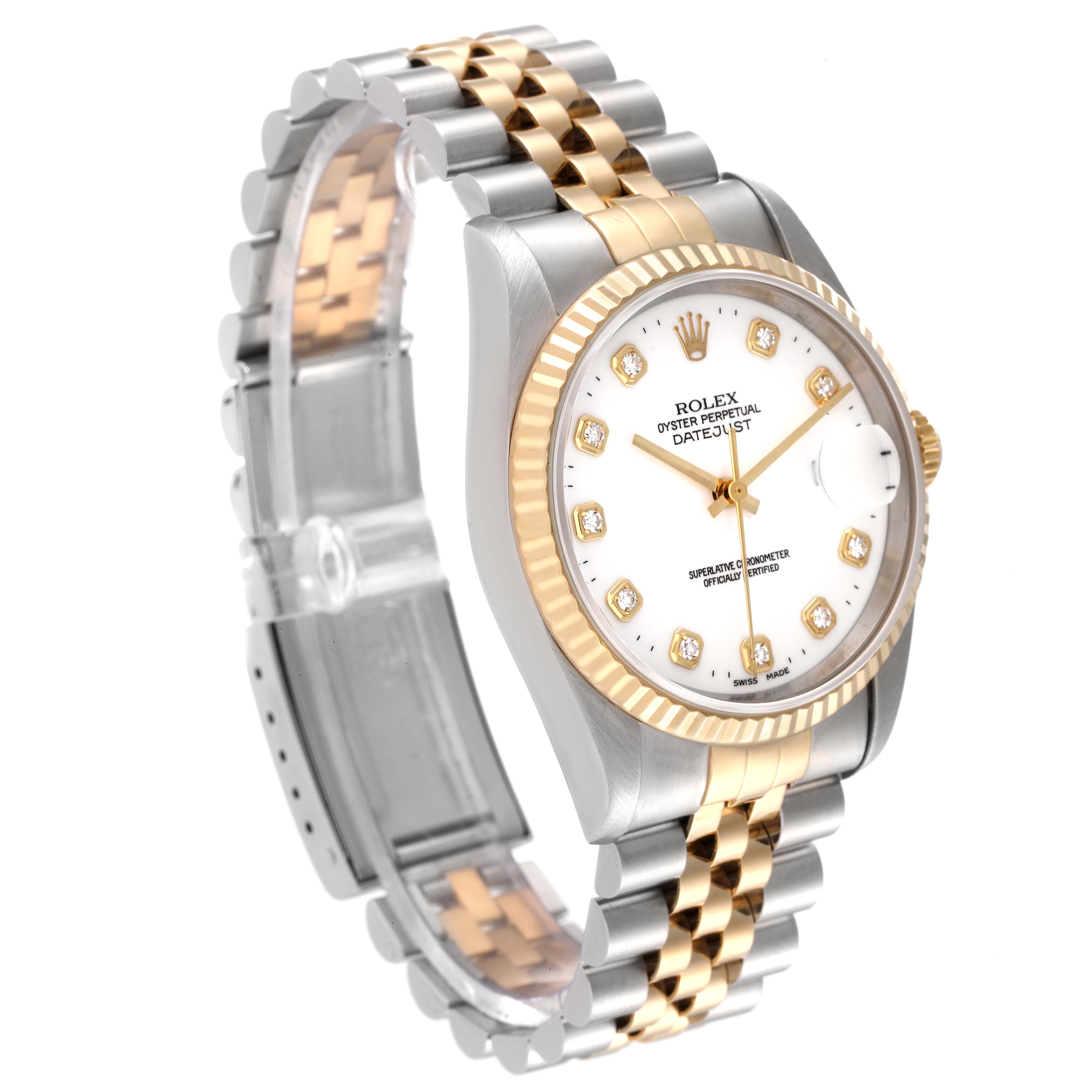 The Rolex Datejust 16233 Men's Steel and Gold (two tone) White Dial 16233 Men's Steel and Gold (two tone) White Dial watch is shown at a three-quarter angle, displaying the dial, bezel, crown, and two-tone bracelet.