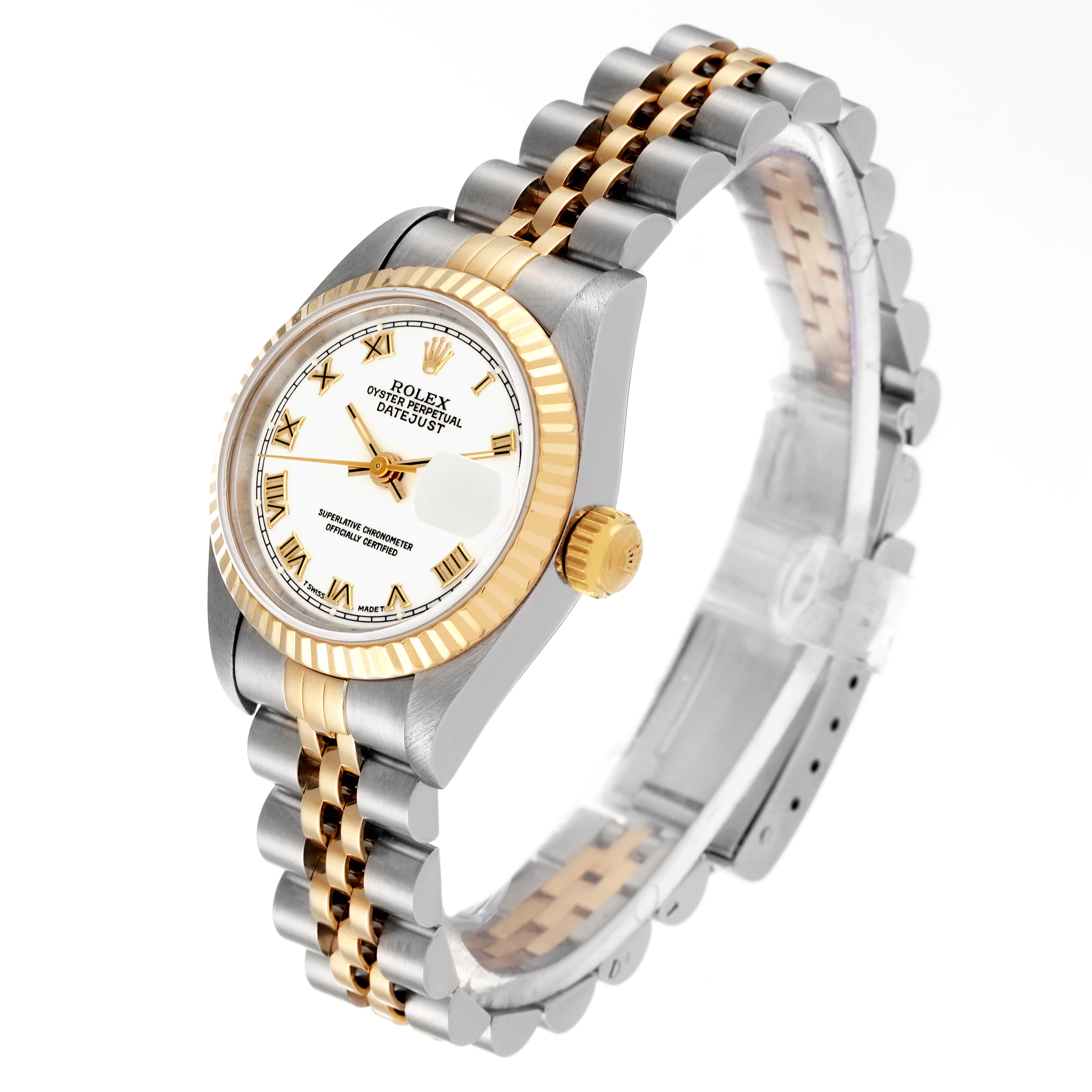 The image showcases a Rolex Datejust 69173 Women's Steel and Gold (two tone) White Dial 69173 Women's Steel and Gold (two tone) White Dial watch at a slight side angle, highlighting its dial, bezel, and jubilee bracelet.