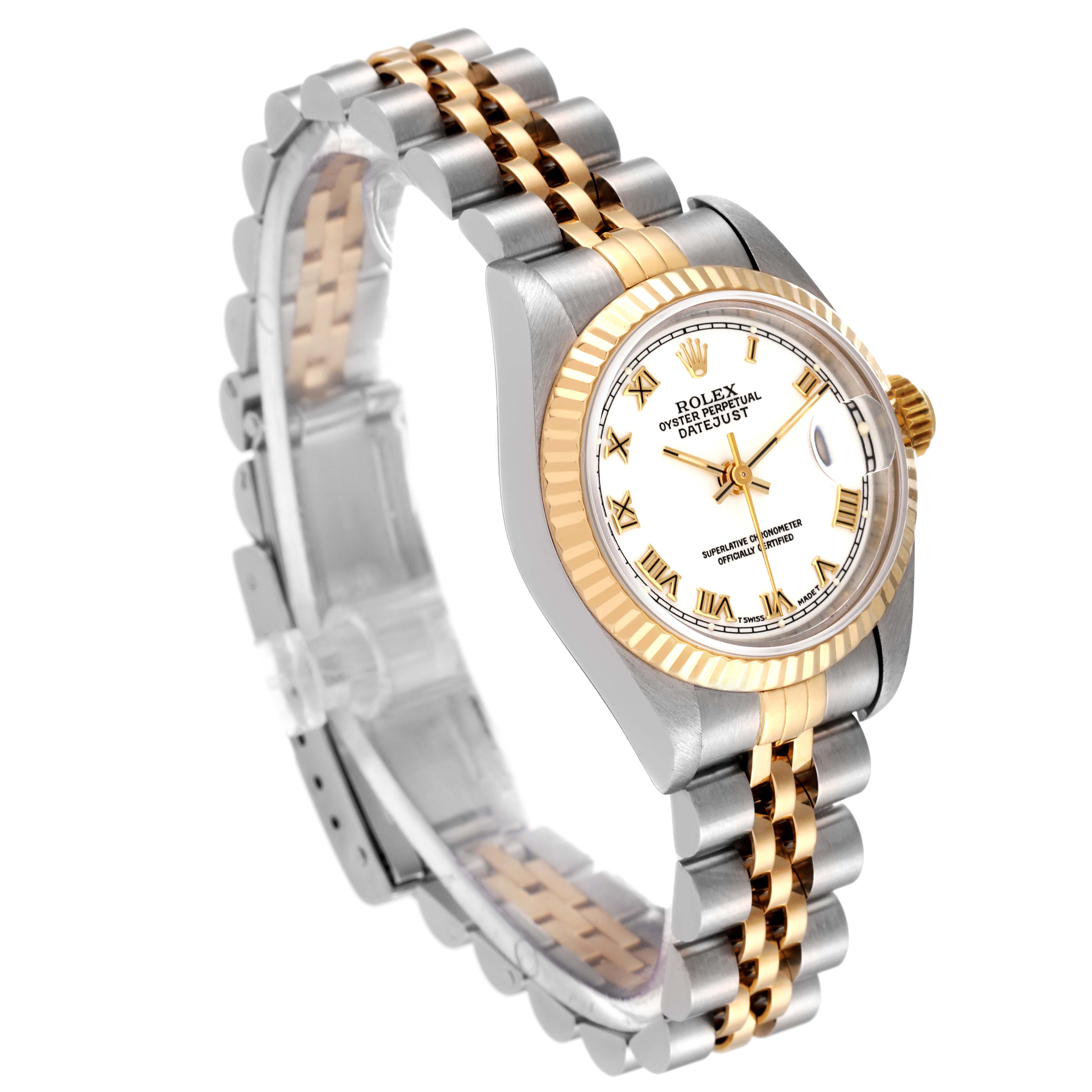 This Rolex Datejust 69173 Women's Steel and Gold (two tone) White Dial 69173 Women's Steel and Gold (two tone) White Dial watch is shown at a three-quarter angle, highlighting its two-tone bracelet, fluted bezel, and white dial.