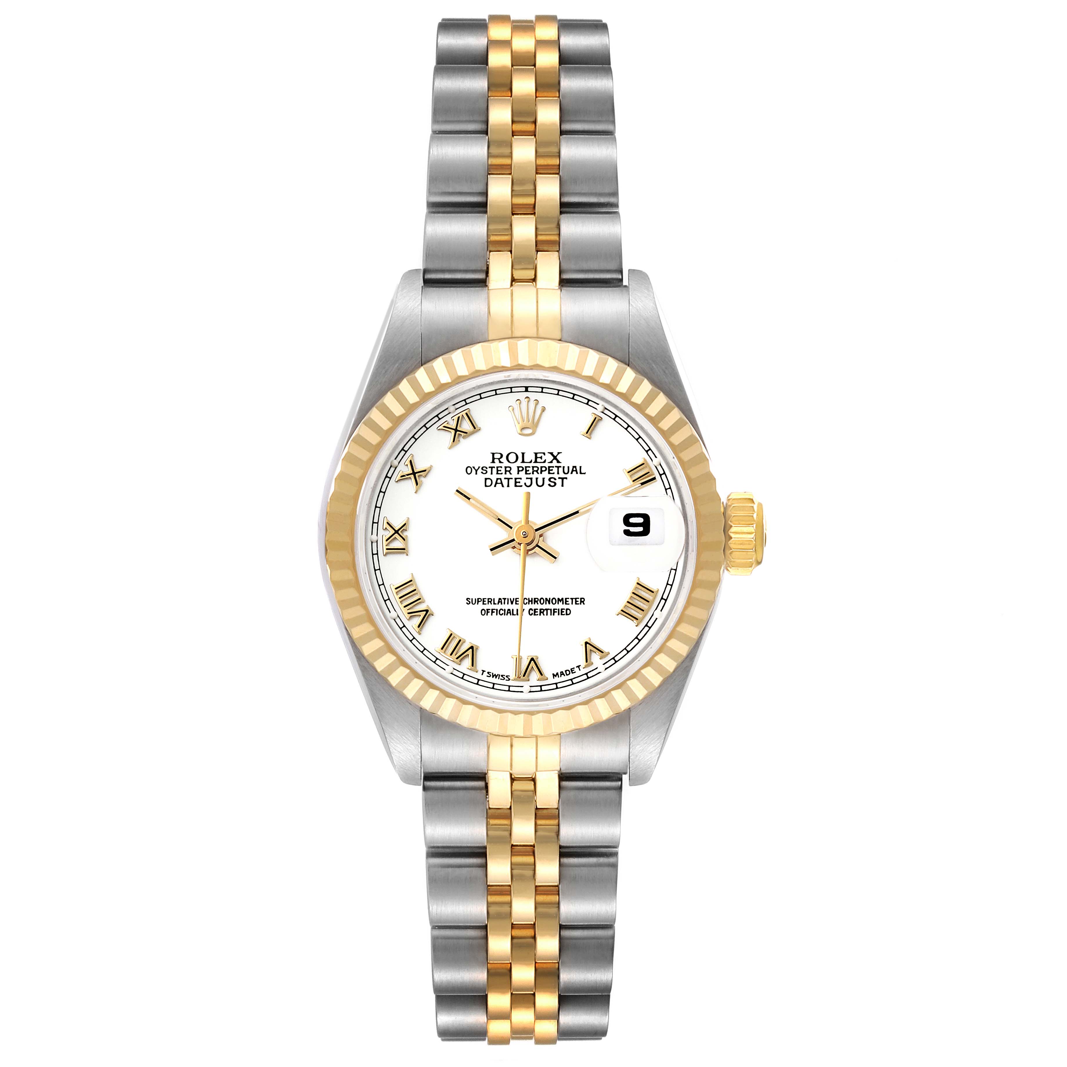 The image shows a frontal view of a Rolex Datejust 69173 Women's Steel and Gold (two tone) White Dial 69173 Women's Steel and Gold (two tone) White Dial, displaying its bracelet, bezel, dial, and crown.