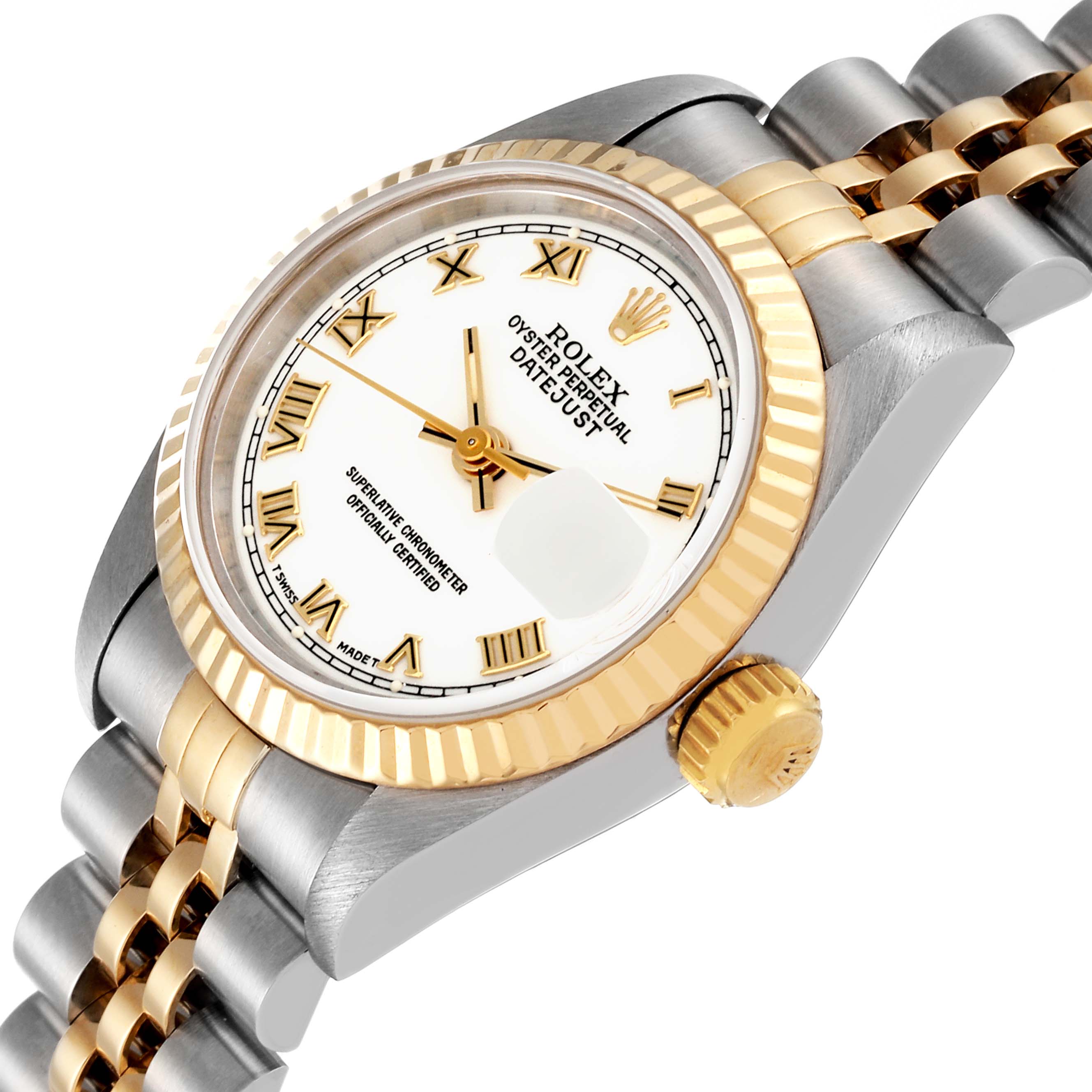 This image shows a close-up angle of a Rolex Datejust 69173 Women's Steel and Gold (two tone) White Dial 69173 Women's Steel and Gold (two tone) White Dial watch featuring the dial, bezel, crown, and part of the bracelet.