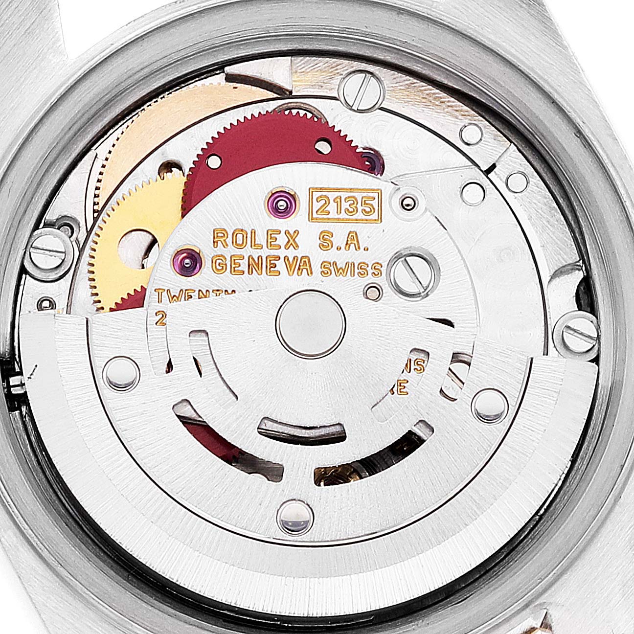 The image shows an up-close view of the movement mechanism in a Rolex Datejust 69173 Women's Steel and Gold (two tone) White Dial 69173 Women's Steel and Gold (two tone) White Dial watch.