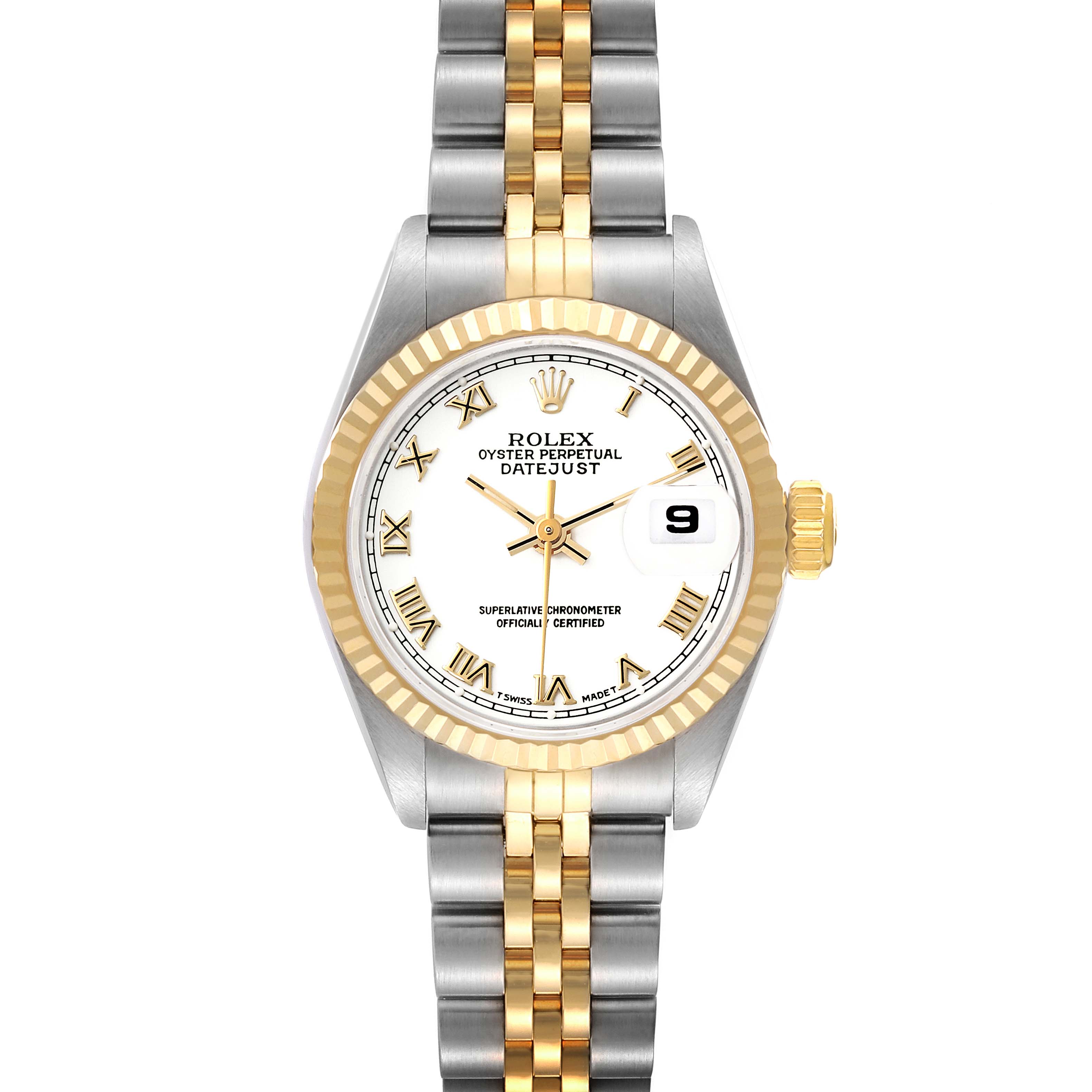 The Rolex Datejust 69173 Women's Steel and Gold (two tone) White Dial 69173 Women's Steel and Gold (two tone) White Dial watch is shown from a top-down angle, displaying its face, bezel, and two-tone bracelet.