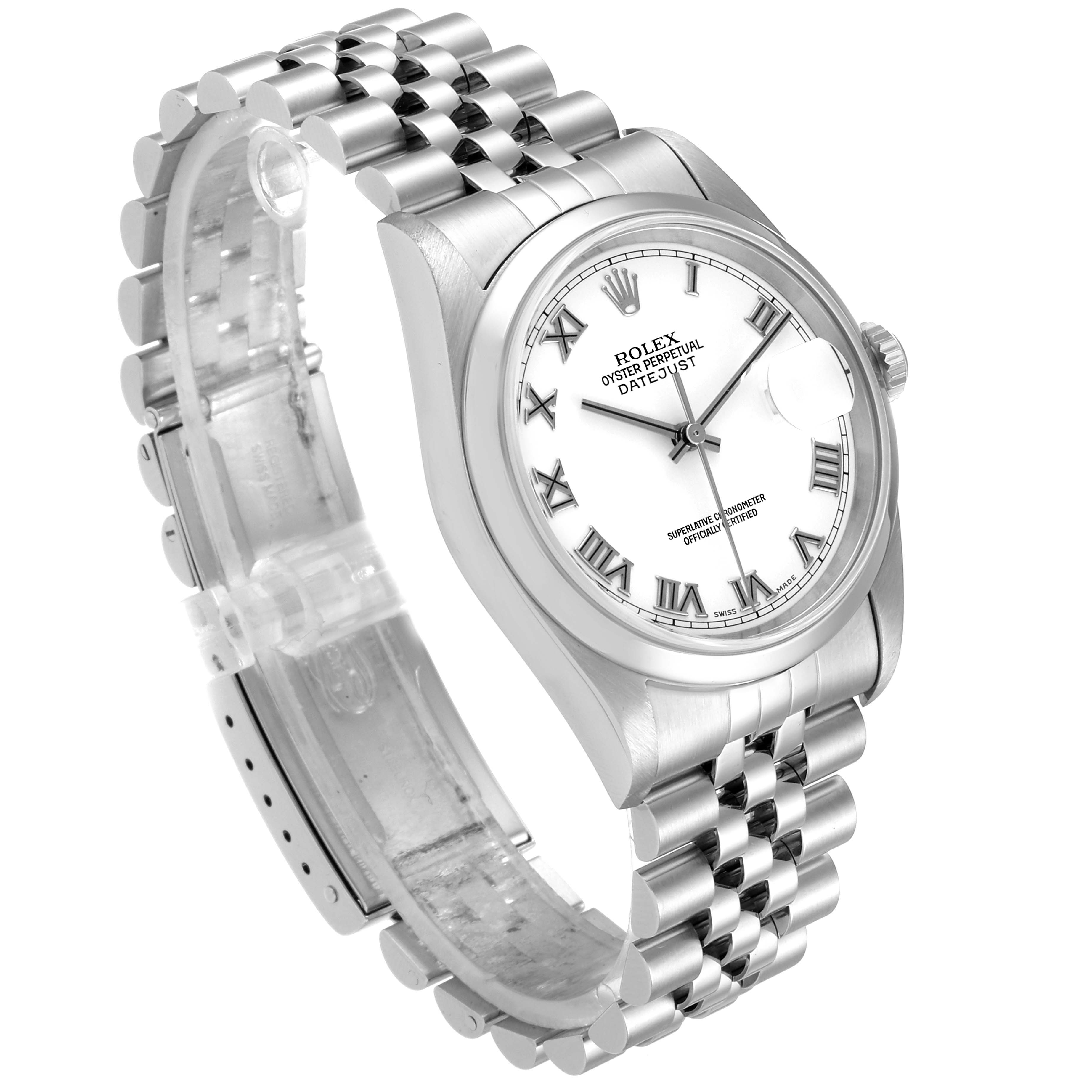 The image shows a side angle of a Rolex Datejust 16200 Men's Stainless Steel White Dial 16200 Men's Stainless Steel White Dial watch, highlighting its bezel, case, bracelet, and dial.