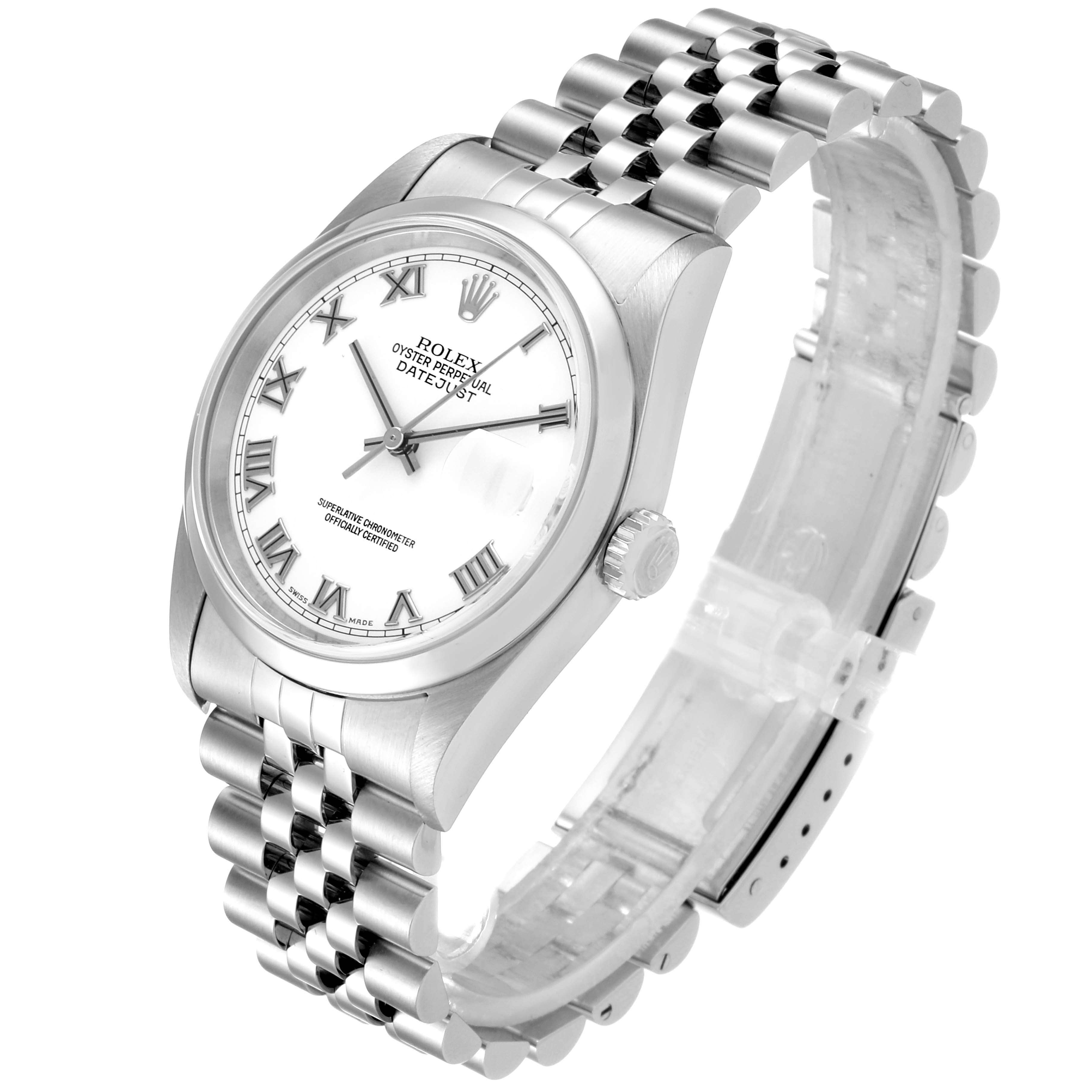 The Rolex Datejust 16200 Men's Stainless Steel White Dial 16200 Men's Stainless Steel White Dial watch is shown at an angle that highlights the dial, crown, bracelet, and the side profile of the case.