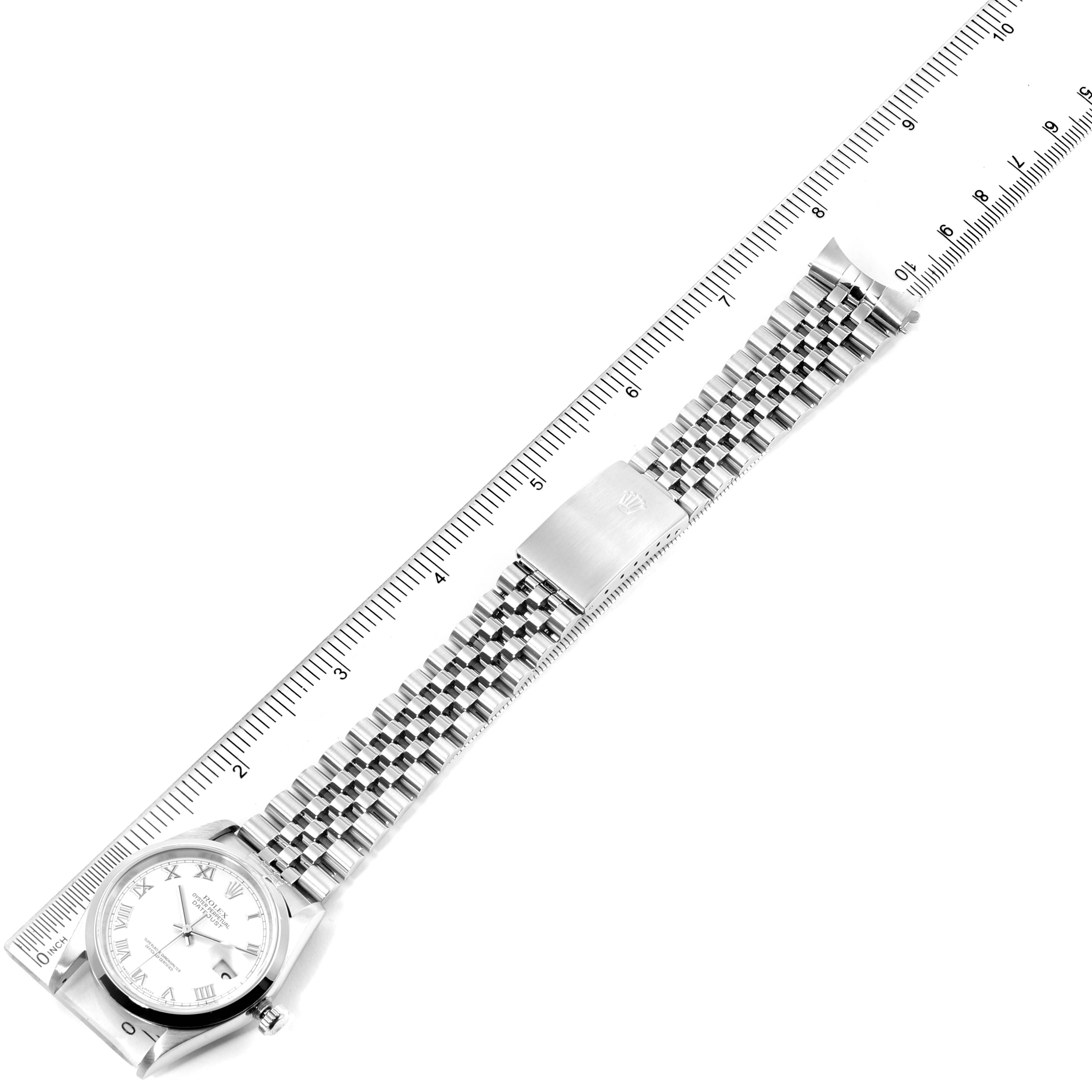 The image shows a top-down view of a Rolex Datejust 16200 Men's Stainless Steel White Dial 16200 Men's Stainless Steel White Dial watch showcasing its face, bezel, case, and bracelet.