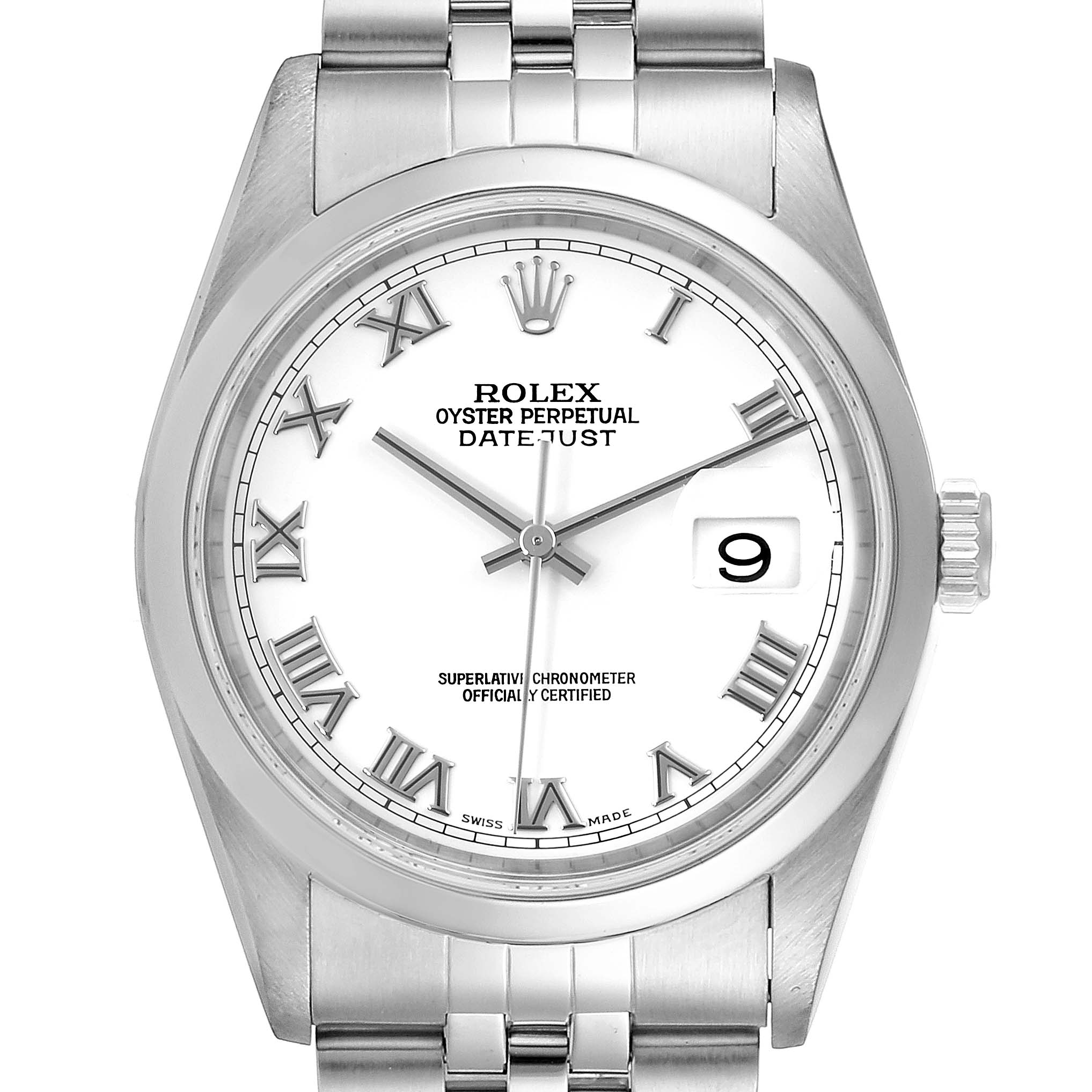 The image shows a frontal view of a Rolex Datejust 16200 Men's Stainless Steel White Dial 16200 Men's Stainless Steel White Dial watch, highlighting the dial, bezel, crown, and part of the bracelet.