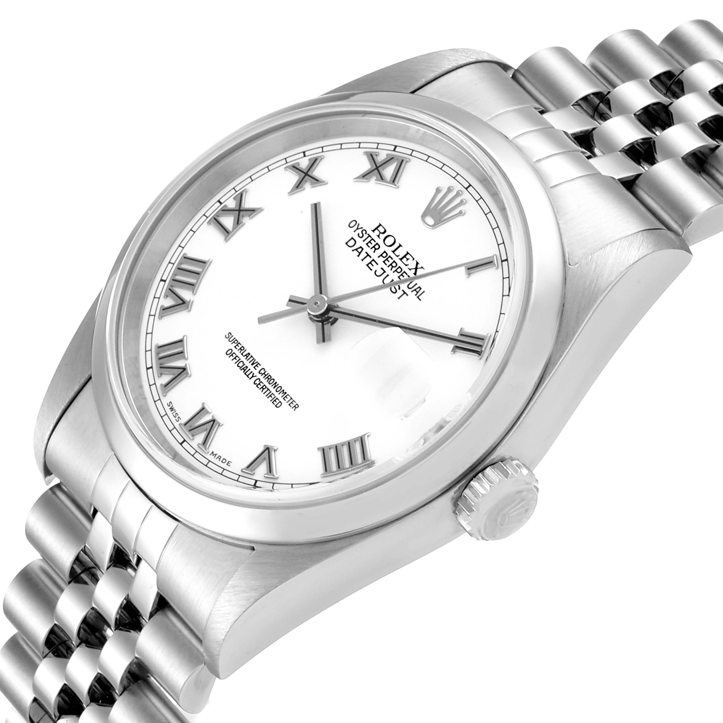 This image shows a Rolex Datejust 16200 Men's Stainless Steel White Dial 16200 Men's Stainless Steel White Dial watch at an angled close-up, displaying the dial, crown, and bracelet.