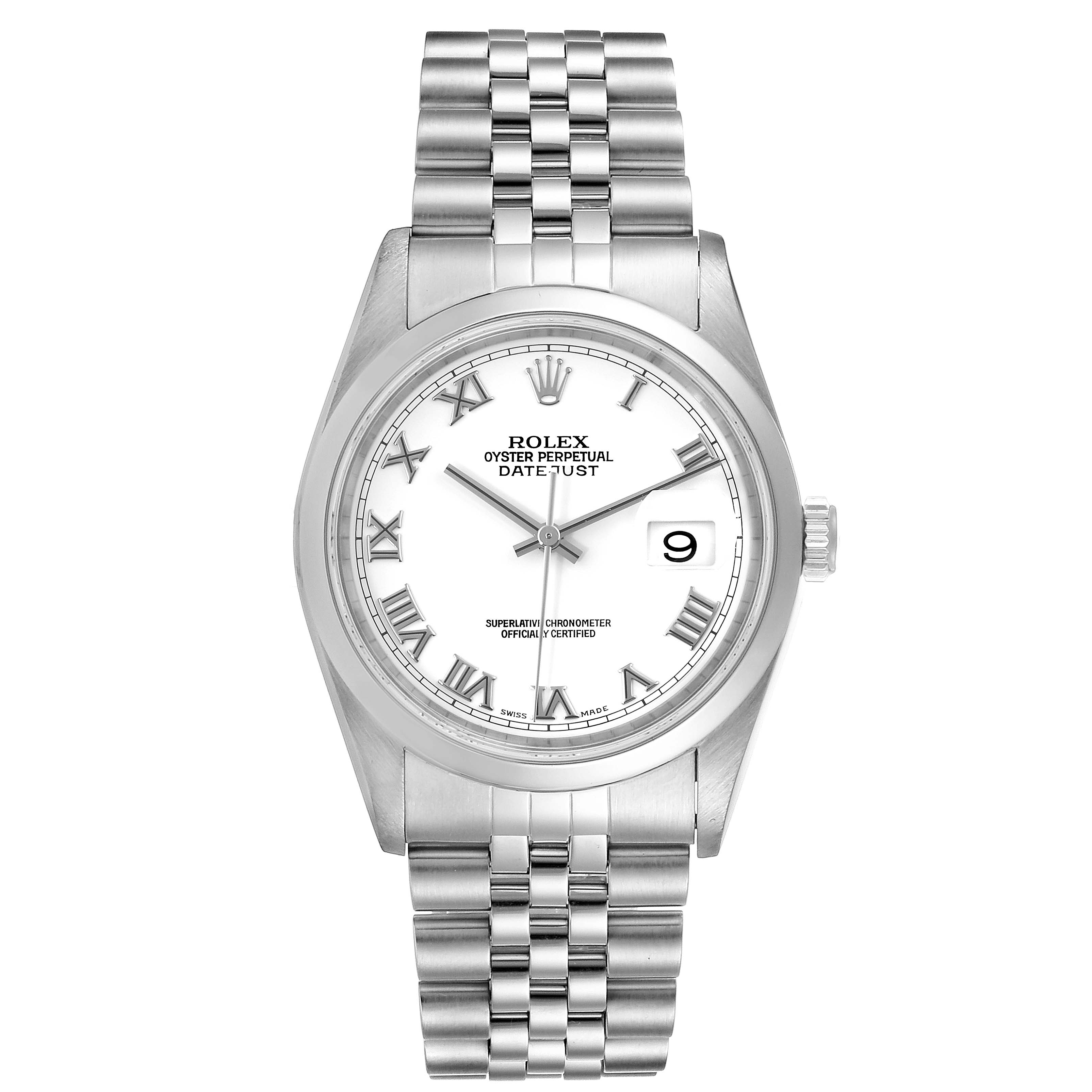 The image shows a front view of a Rolex Datejust 16200 Men's Stainless Steel White Dial 16200 Men's Stainless Steel White Dial model, featuring its dial, bezel, and Jubilee bracelet.