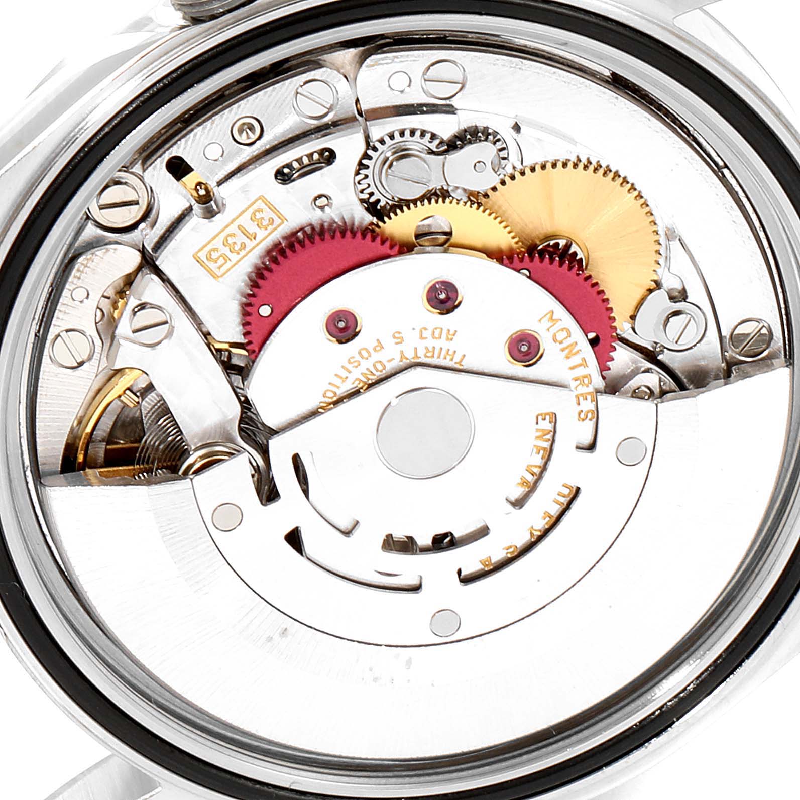 This image shows the movement and internal components of a Rolex Datejust 16200 Men's Stainless Steel White Dial 16200 Men's Stainless Steel White Dial watch from a back angle.