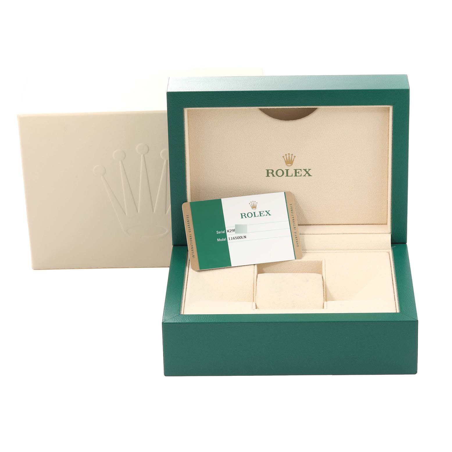 The image shows a Rolex Daytona 116500LN Men's Stainless Steel Black Dial 116500LN Men's Stainless Steel Black Dial watch box and warranty card from a front angle.