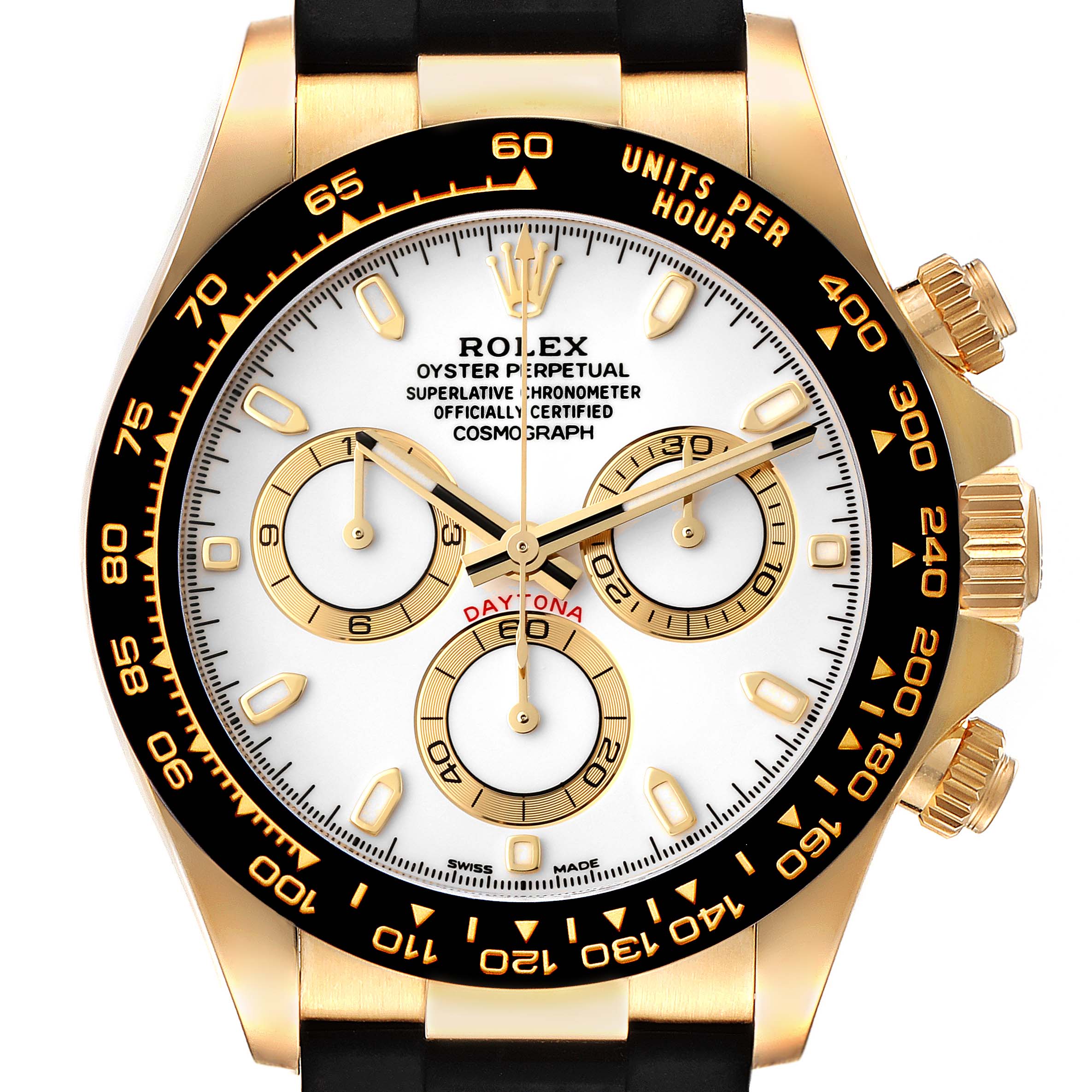 This Rolex Daytona 116518 Men's Yellow Gold White Dial 116518 Men's Yellow Gold White Dial watch is shown from a front angle, highlighting its gold case, black bezel, white dial, and chronograph subdials.