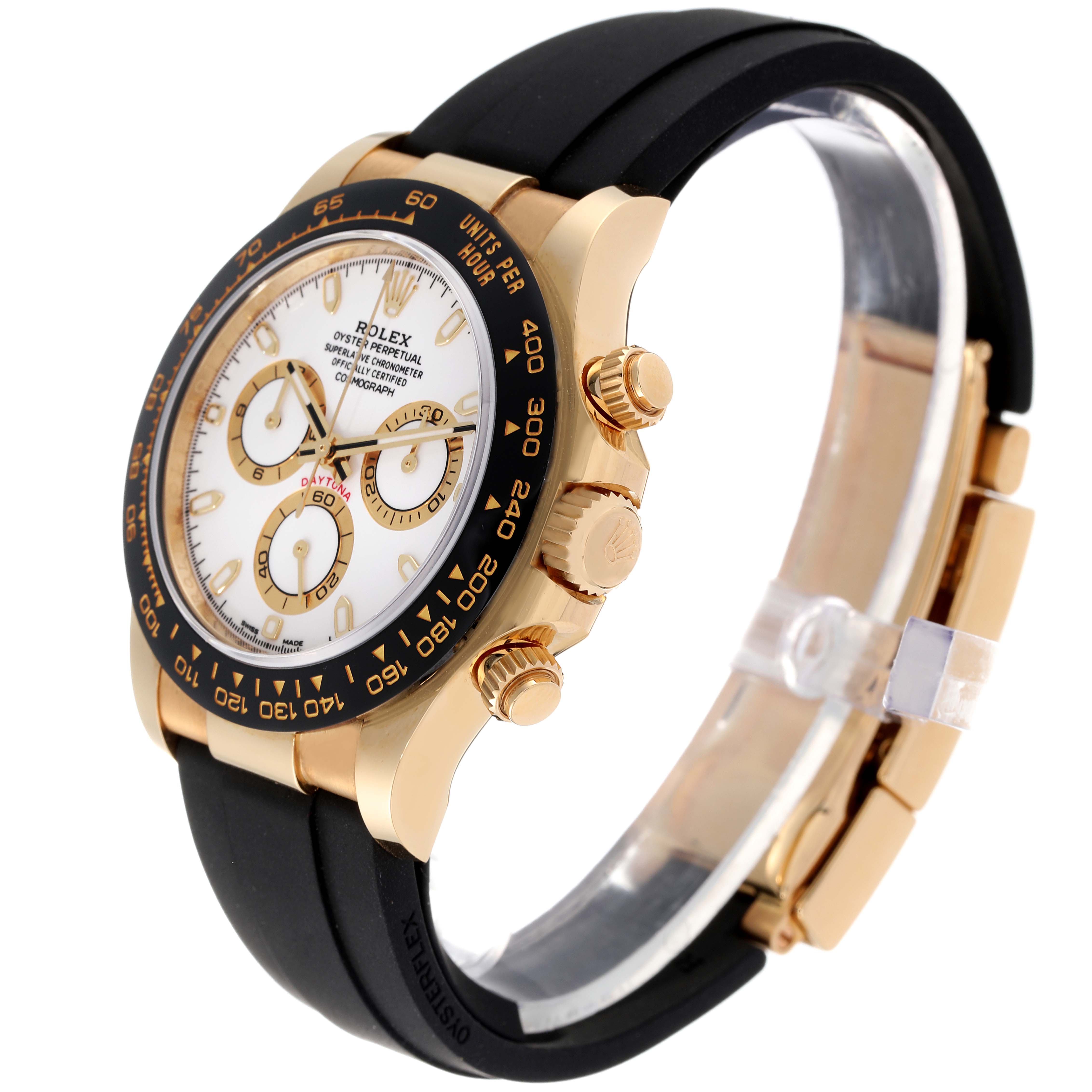 The image shows a side-angle view of a Rolex Daytona 116518 Men's Yellow Gold White Dial 116518 Men's Yellow Gold White Dial watch, highlighting its face, bezel, crown, pushers, and black strap.