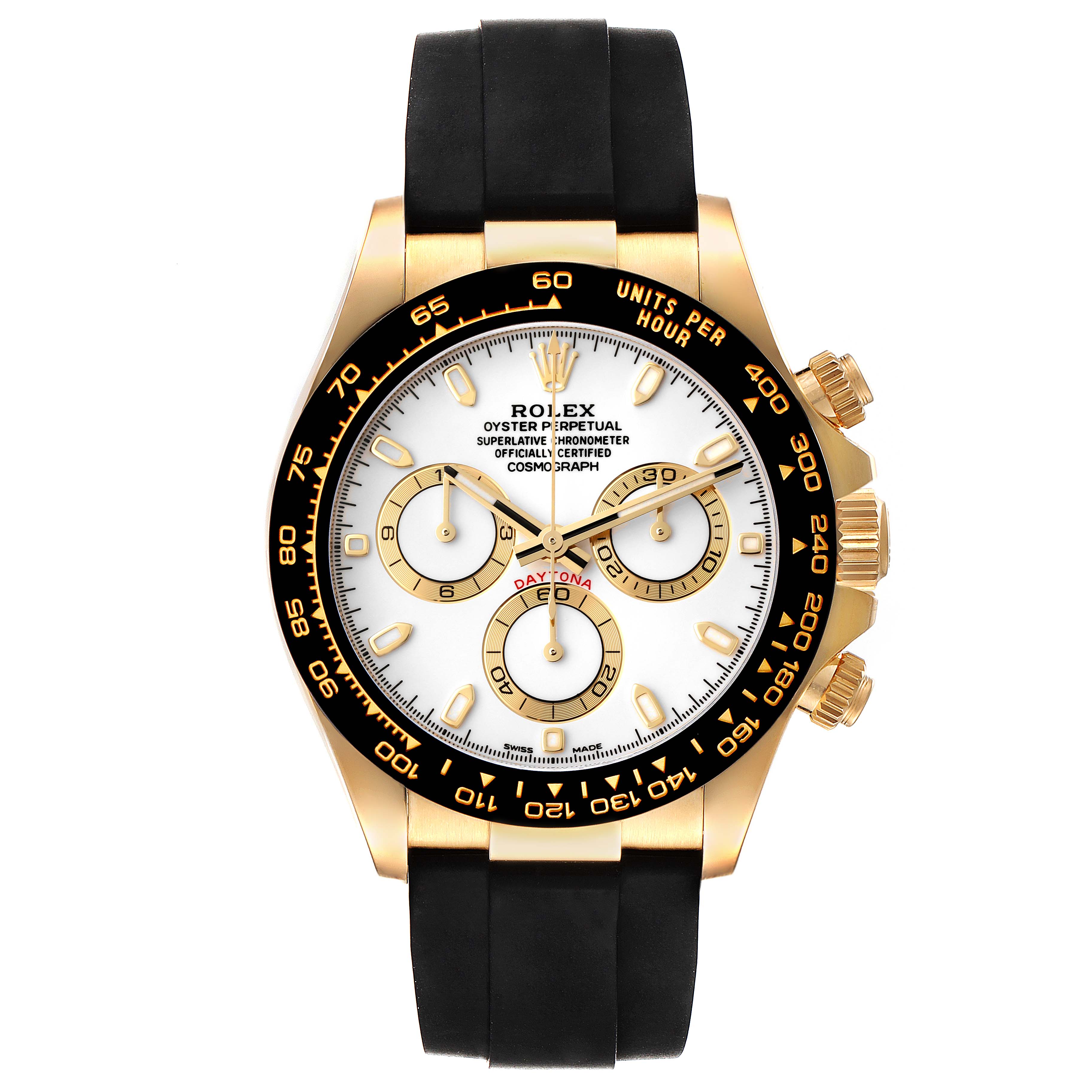 The image shows a front view of a Rolex Daytona 116518 Men's Yellow Gold White Dial 116518 Men's Yellow Gold White Dial watch with a gold case, black bezel, white dial, and black strap.