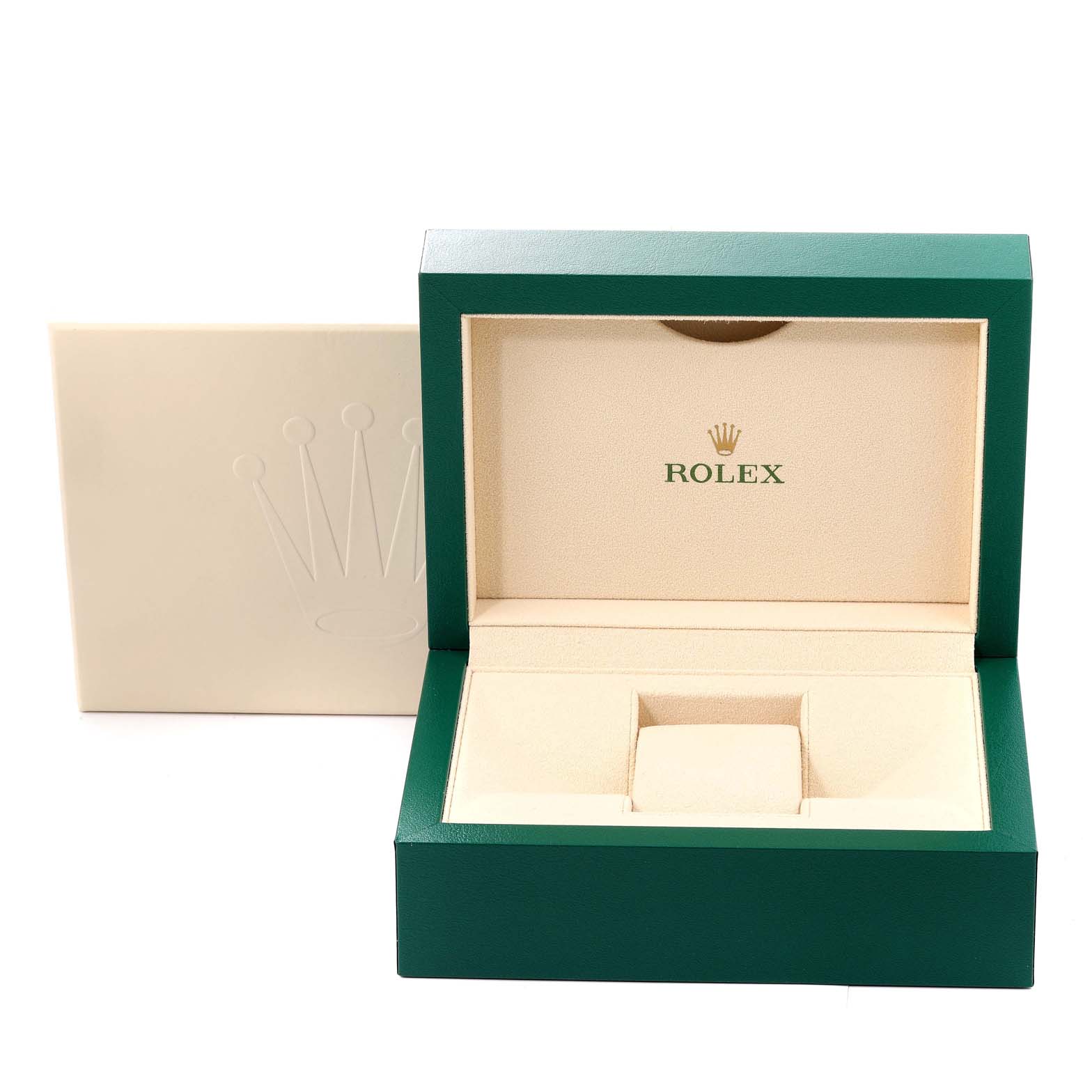 The image shows an empty green and cream Rolex watch box for the Daytona model, with the inner cushion and outer box visible.