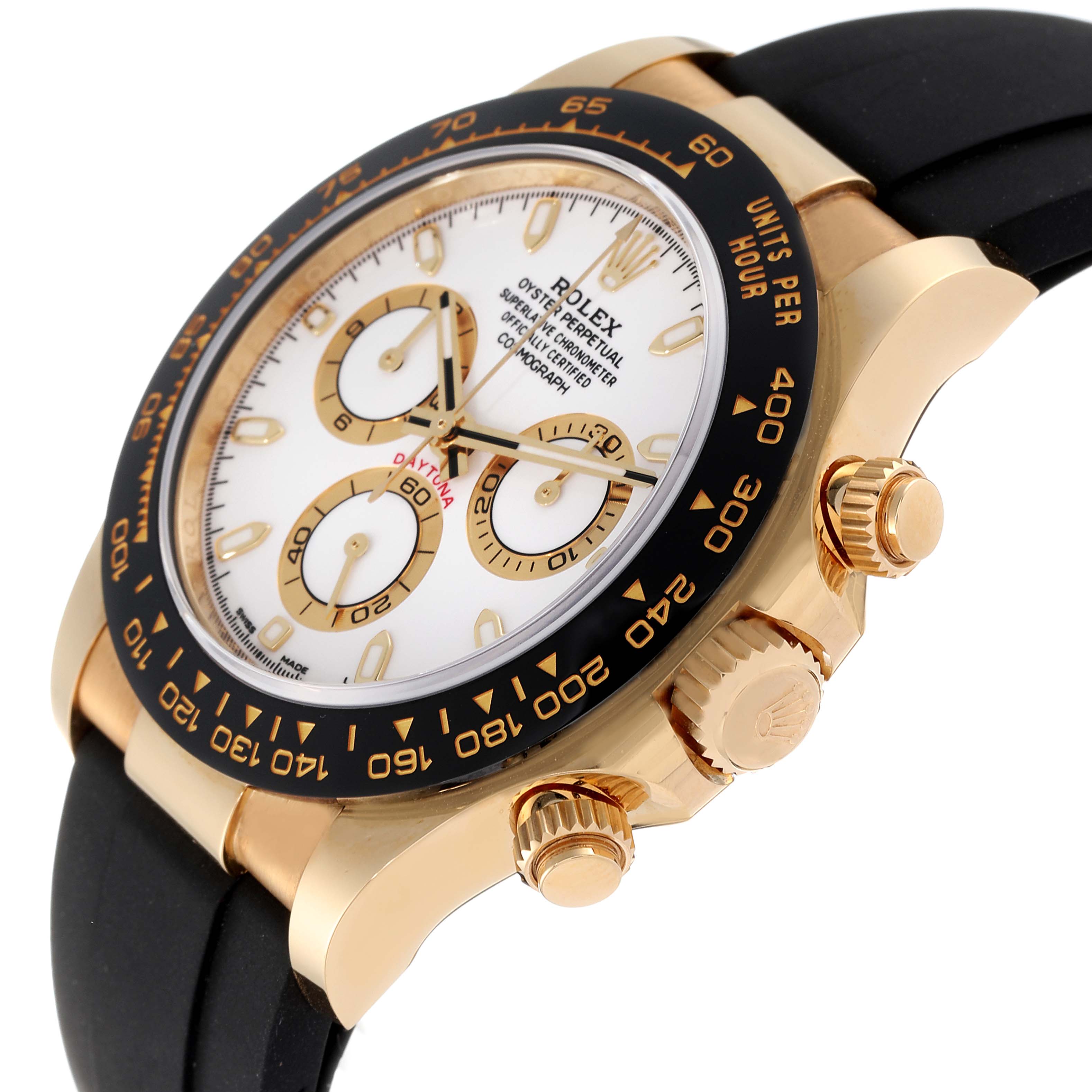 The image shows a side view of a Rolex Daytona 116518 Men's Yellow Gold White Dial 116518 Men's Yellow Gold White Dial watch, displaying its golden bezel, dial, crown, and pushers.