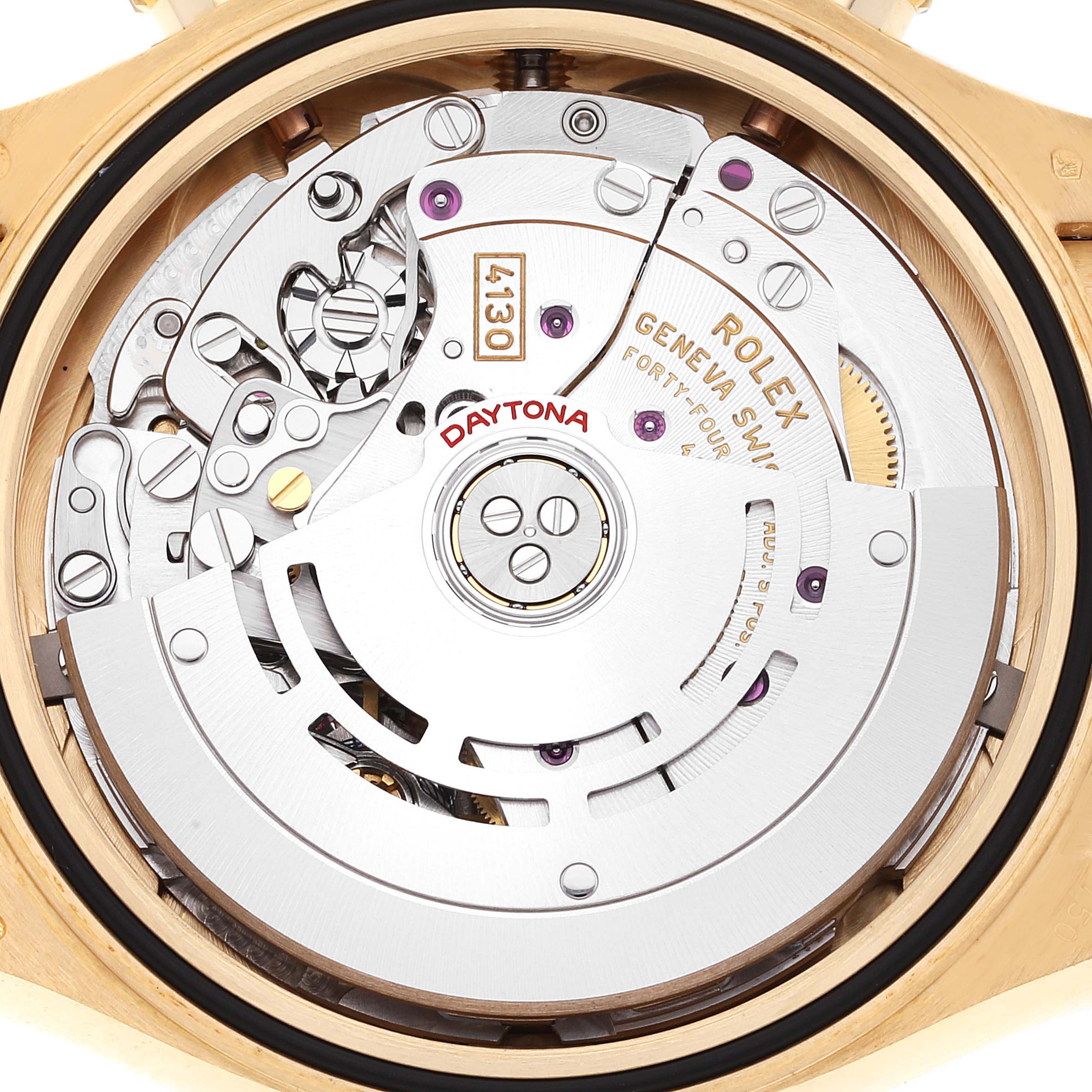 This image shows a close-up view of the movement of a Rolex Daytona 116518 Men's Yellow Gold White Dial 116518 Men's Yellow Gold White Dial watch.