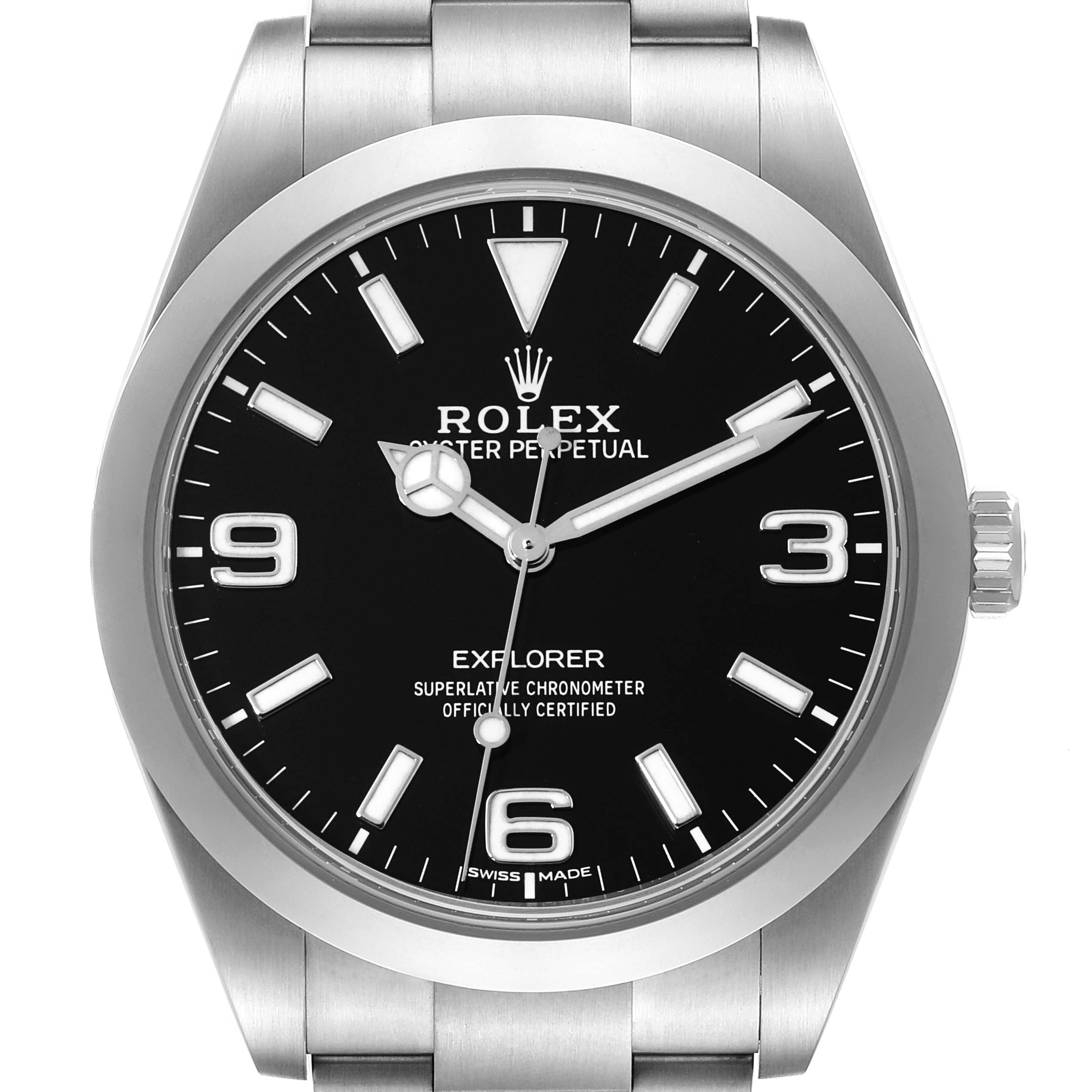 This image shows a front close-up view of the Rolex Explorer 214270 Men's Stainless Steel Black Dial 214270 Men's Stainless Steel Black Dial watch, including its dial, hands, and bracelet.
