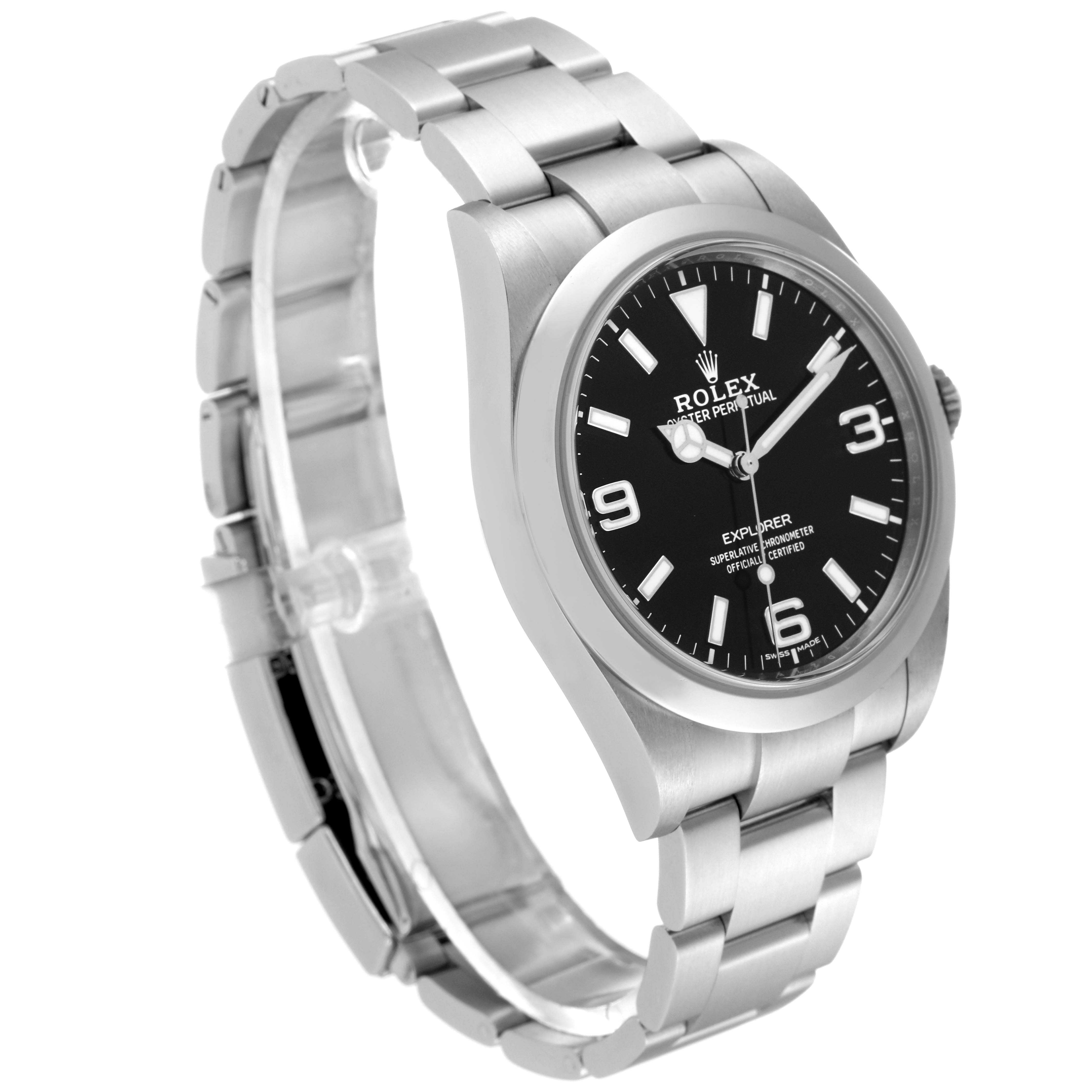 The image shows a side angle of the Rolex Explorer 214270 Men's Stainless Steel Black Dial 214270 Men's Stainless Steel Black Dial model, highlighting the bracelet, case, and black dial.