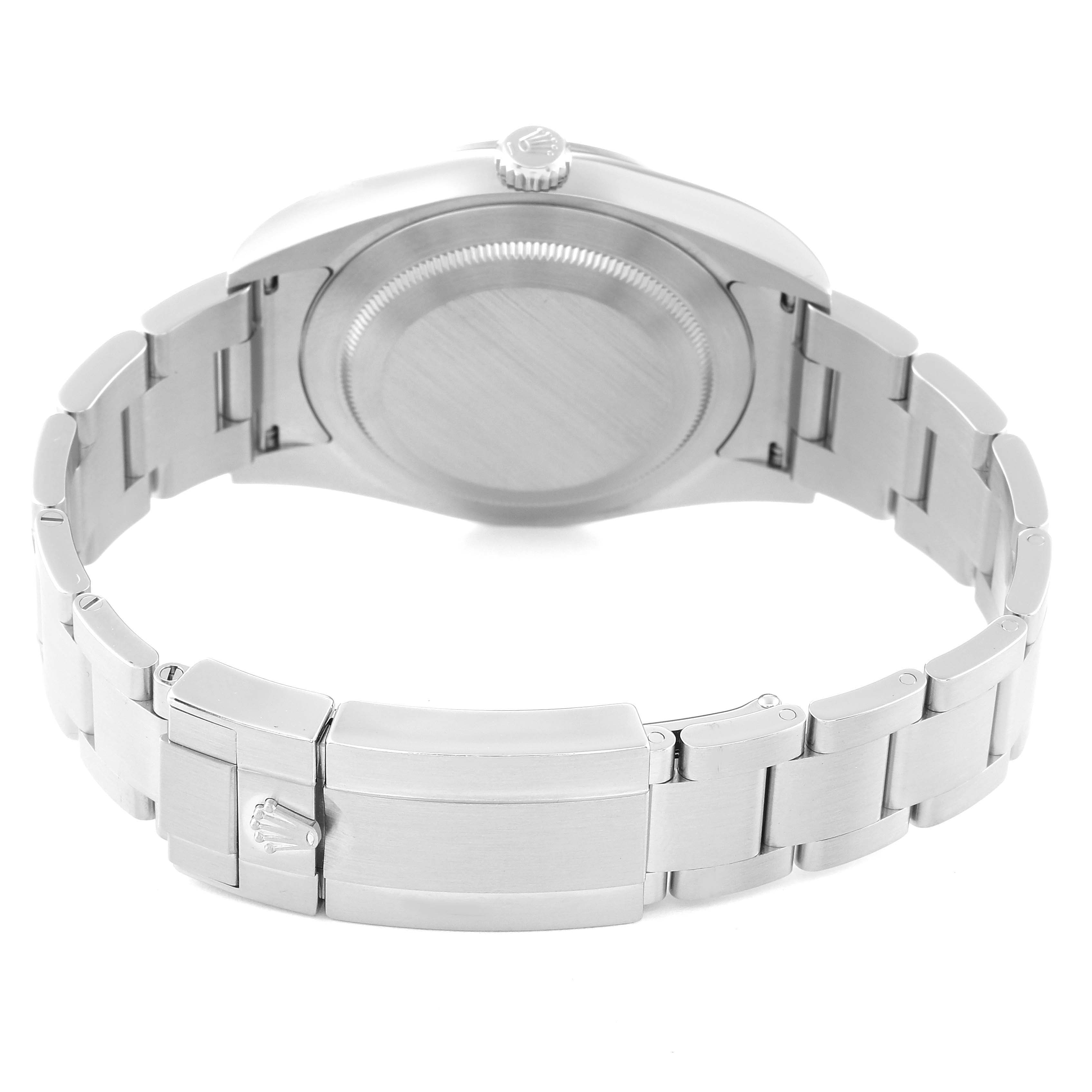 The image shows the back view of the Rolex Explorer 214270 Men's Stainless Steel Black Dial 214270 Men's Stainless Steel Black Dial watch, highlighting its case back and metal bracelet clasp.