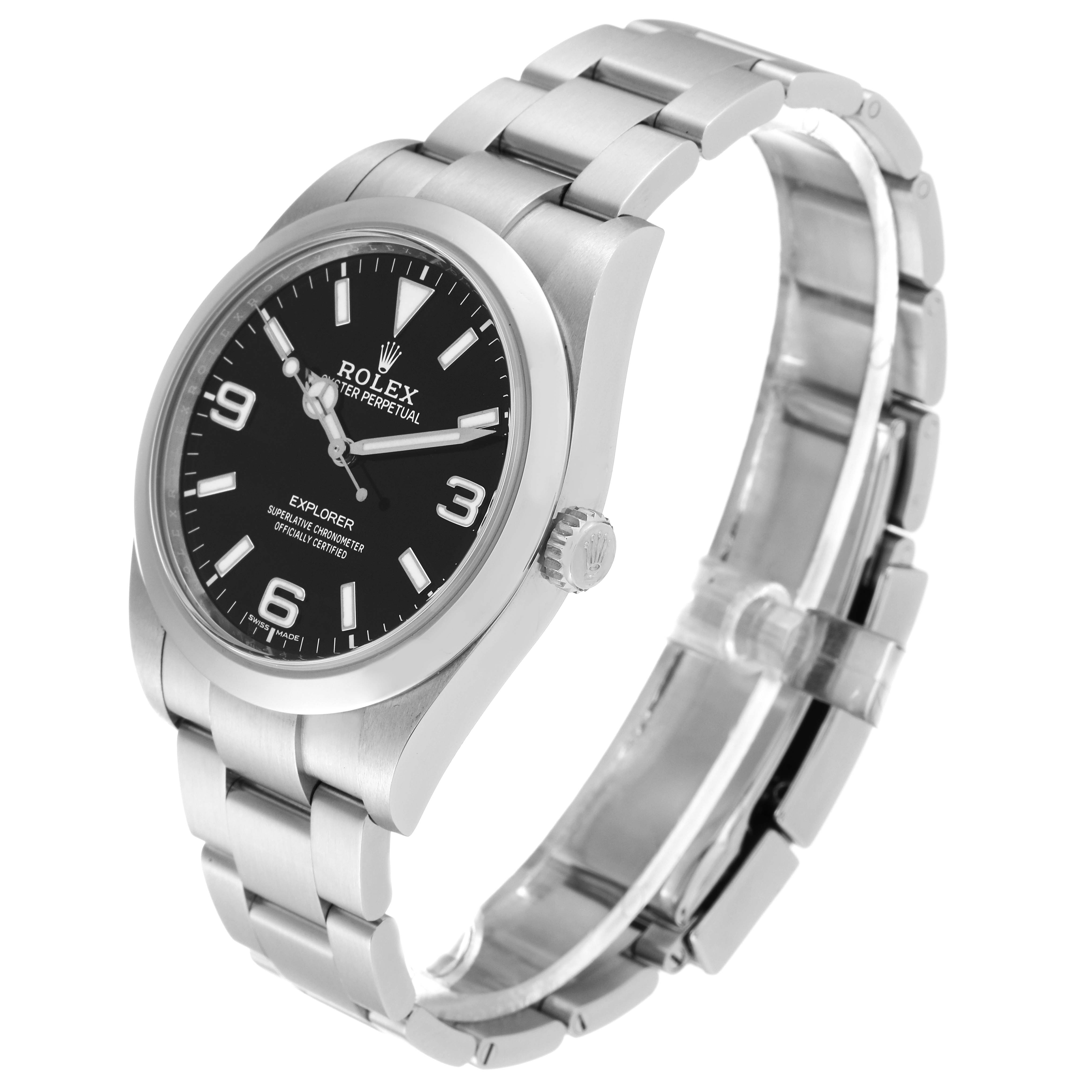 The Rolex Explorer 214270 Men's Stainless Steel Black Dial 214270 Men's Stainless Steel Black Dial watch is shown at an angled view, displaying the face, crown, and stainless steel bracelet.