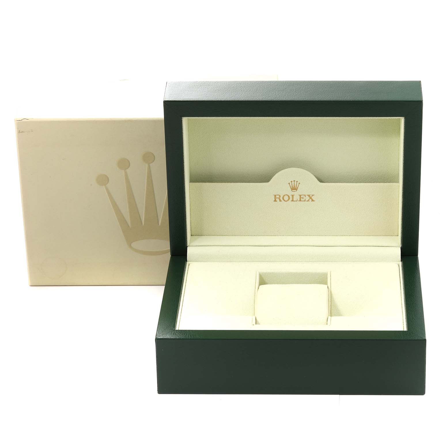 This image shows the open box and packaging for a Rolex Explorer 214270 Men's Stainless Steel Black Dial 214270 Men's Stainless Steel Black Dial watch.