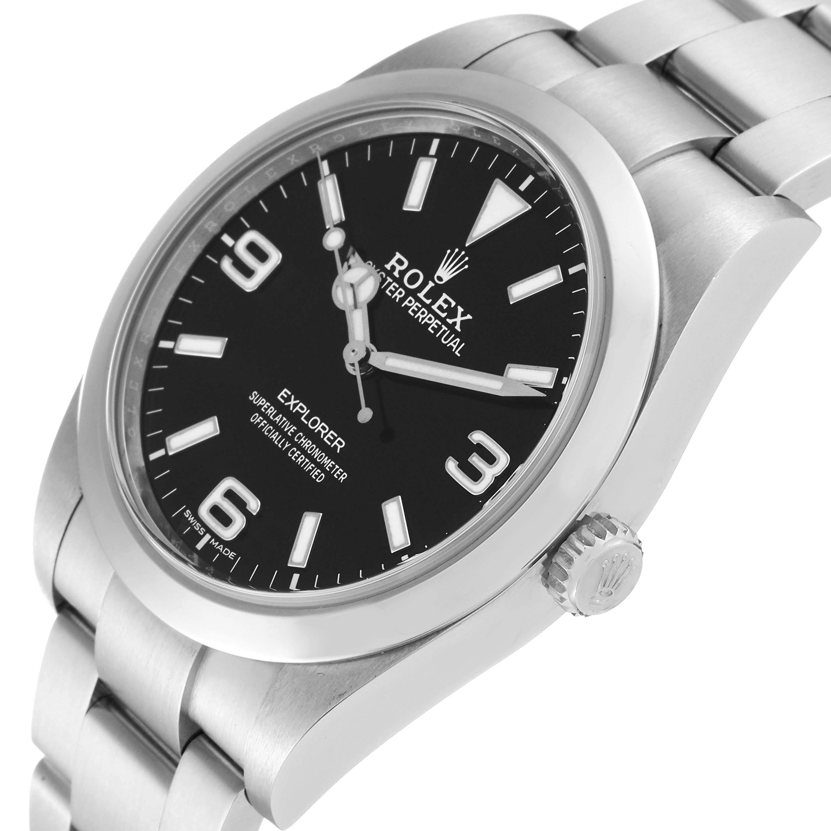 The Rolex Explorer 214270 Men's Stainless Steel Black Dial 214270 Men's Stainless Steel Black Dial watch is shown from an angled side view, highlighting the watch face, crown, and part of the bracelet.
