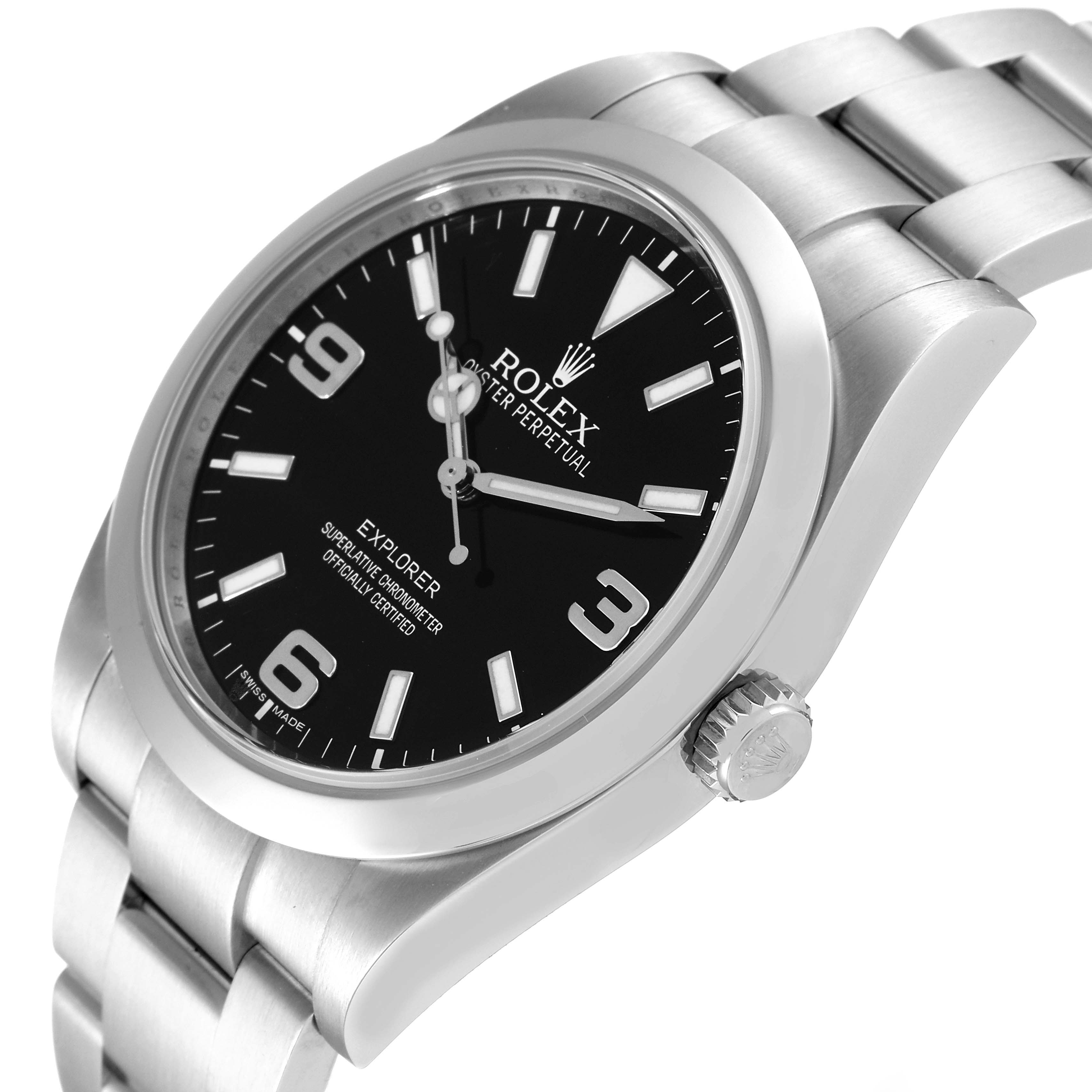 The image shows a close-up angled view of the Rolex Explorer 214270 Men's Stainless Steel Black Dial 214270 Men's Stainless Steel Black Dial watch, highlighting the face, crown, and part of the bracelet.