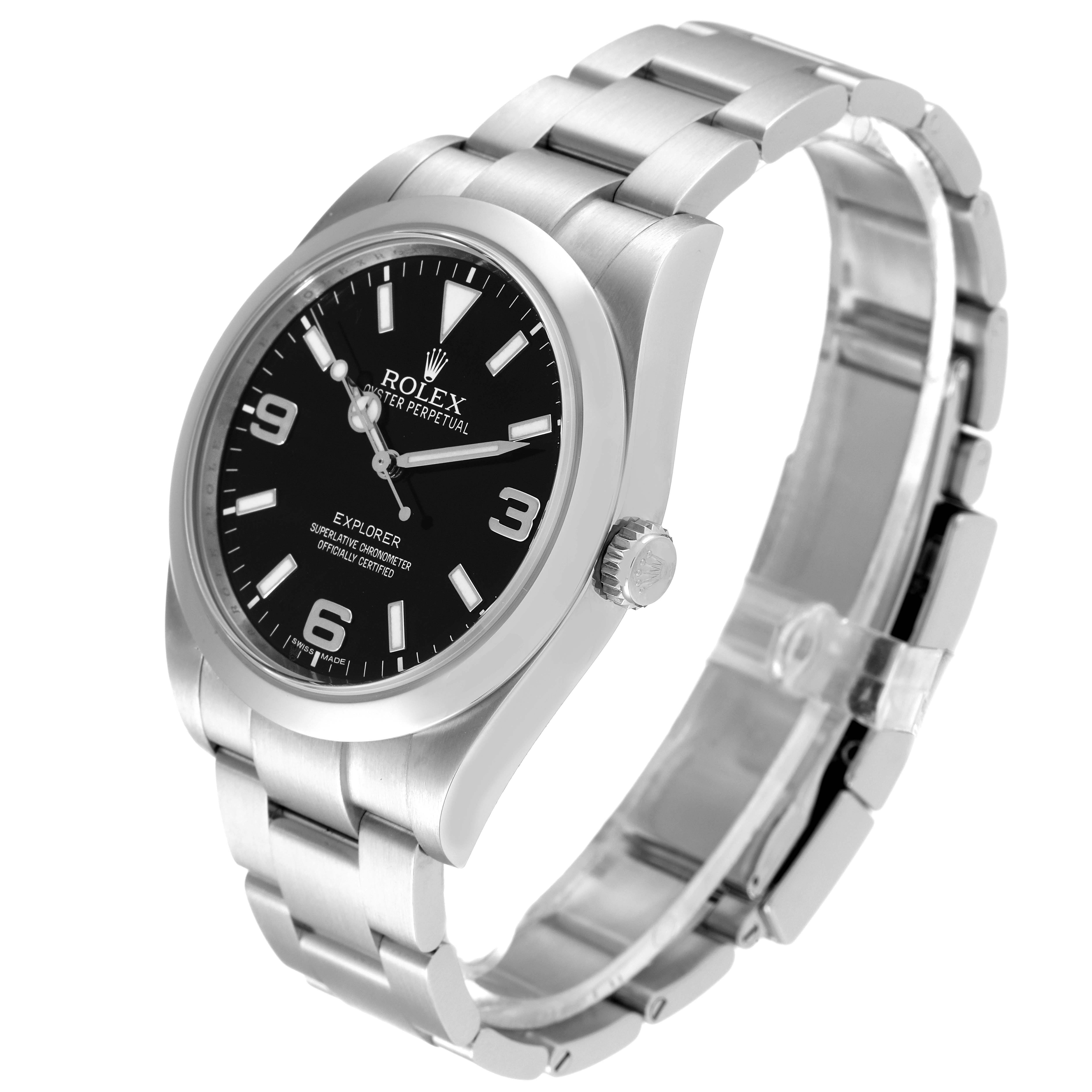 The Rolex Explorer 214270 Men's Stainless Steel Black Dial 214270 Men's Stainless Steel Black Dial watch is shown at a slight side angle, highlighting the dial, bracelet, case, and crown.