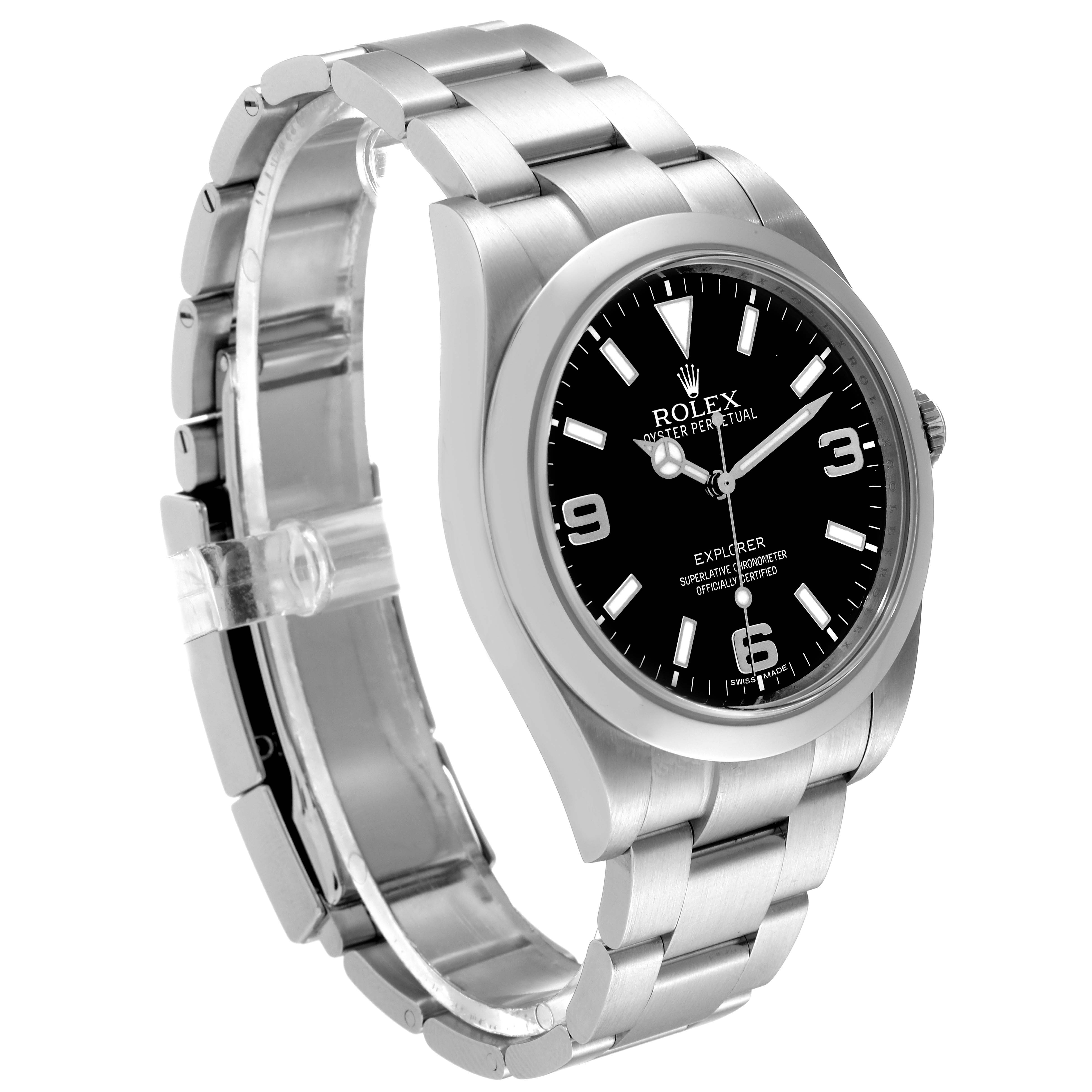 The image shows a side angle of the Rolex Explorer 214270 Men's Stainless Steel Black Dial 214270 Men's Stainless Steel Black Dial watch, highlighting the bracelet and dial.