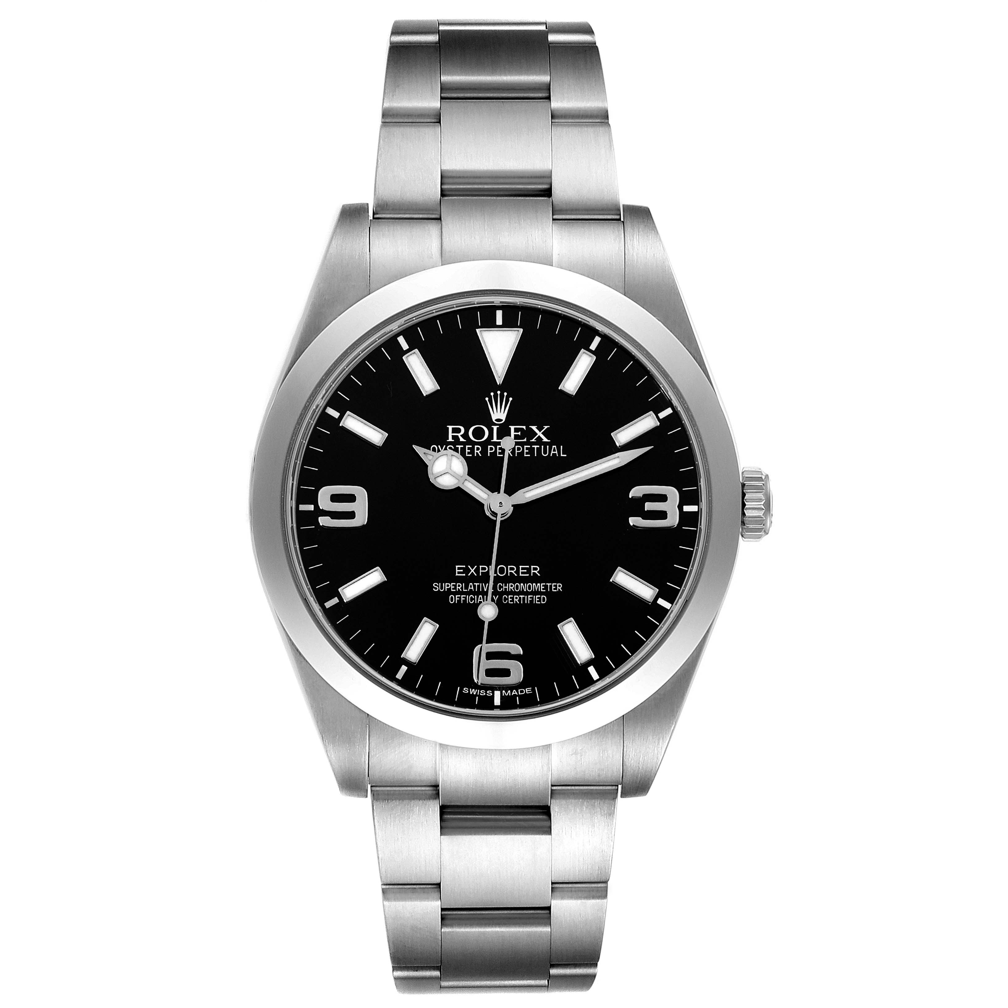 This image shows a front view of the Rolex Explorer 214270 Men's Stainless Steel Black Dial 214270 Men's Stainless Steel Black Dial watch, featuring its dial, bezel, and bracelet.