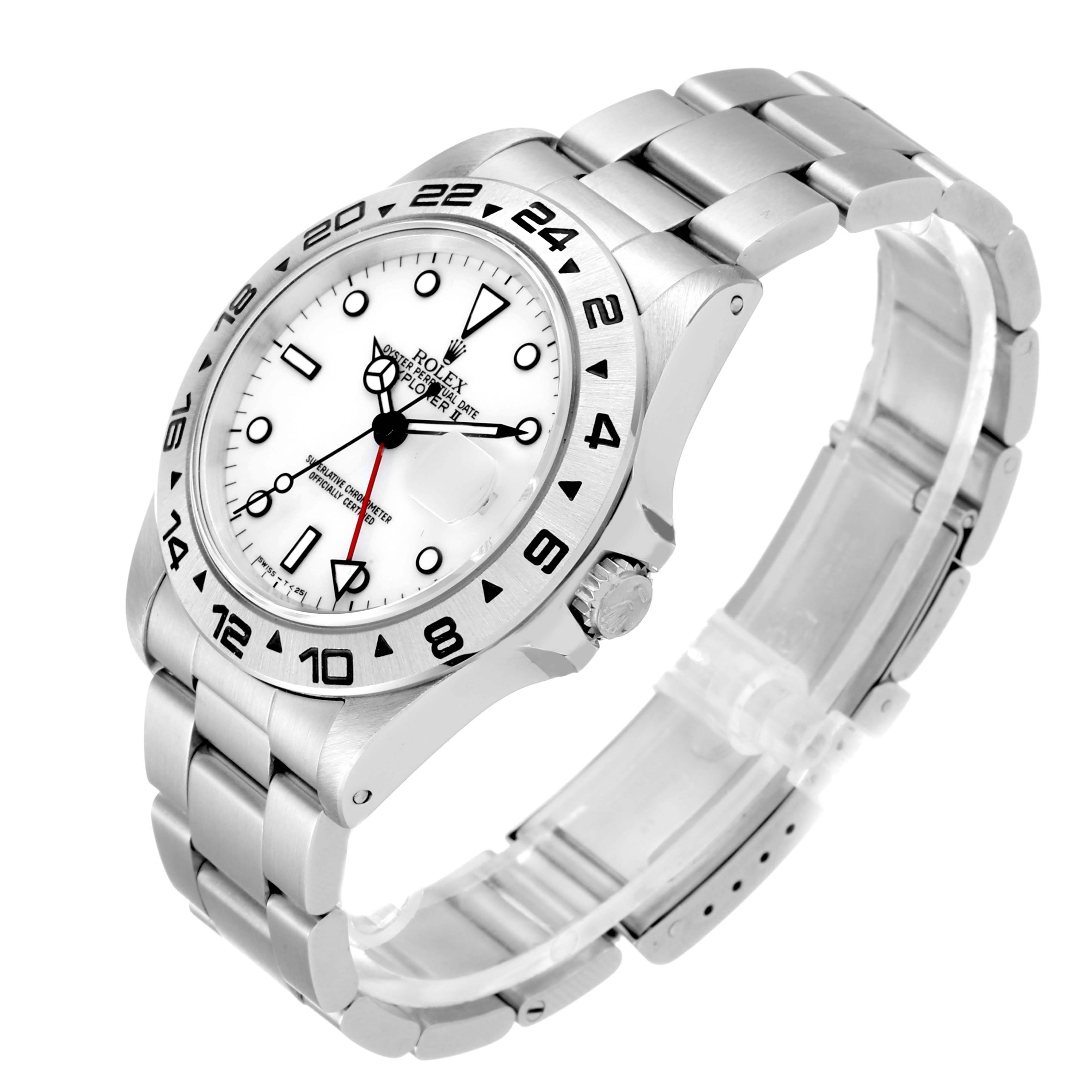 This is a side angle view of the Rolex Explorer 16550 Men's Stainless Steel White Dial 16550 Men's Stainless Steel White Dial watch, showing the face, bezel, crown, and bracelet.