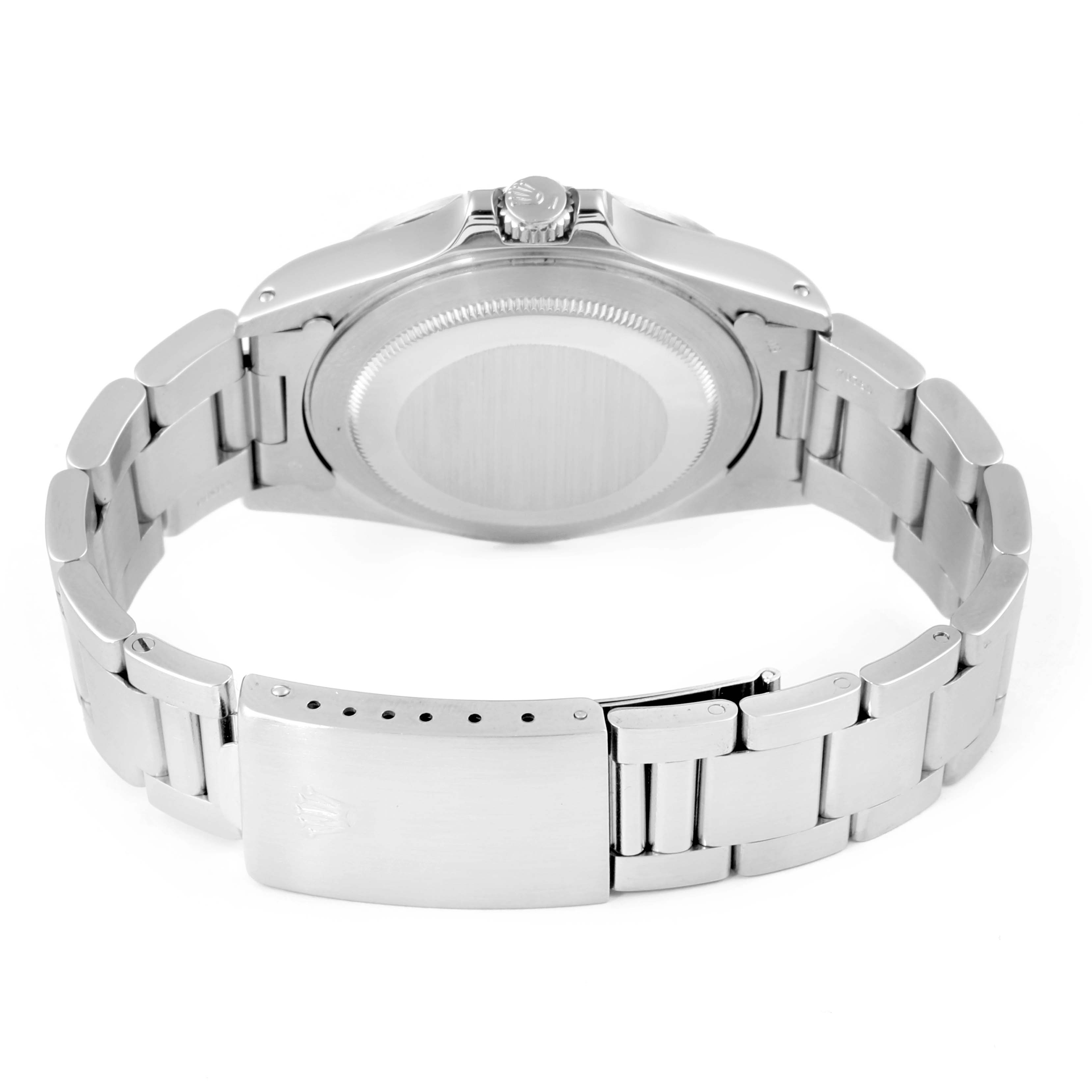The image shows the back case and bracelet clasp of a Rolex Explorer 16550 Men's Stainless Steel White Dial 16550 Men's Stainless Steel White Dial watch.