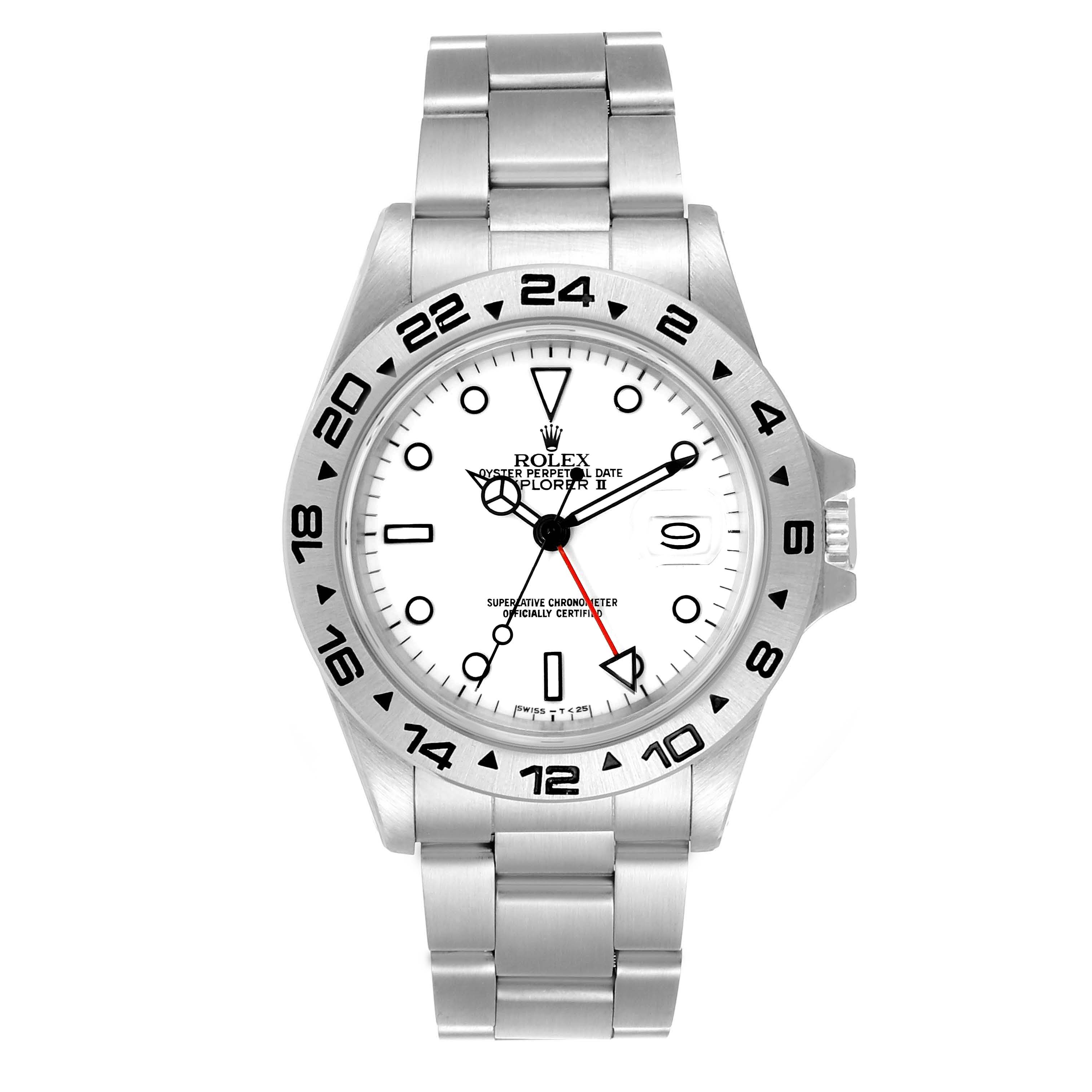 The Rolex Explorer 16550 Men's Stainless Steel White Dial 16550 Men's Stainless Steel White Dial watch is shown from a straight-on angle, including the face, bezel, crown, and bracelet.