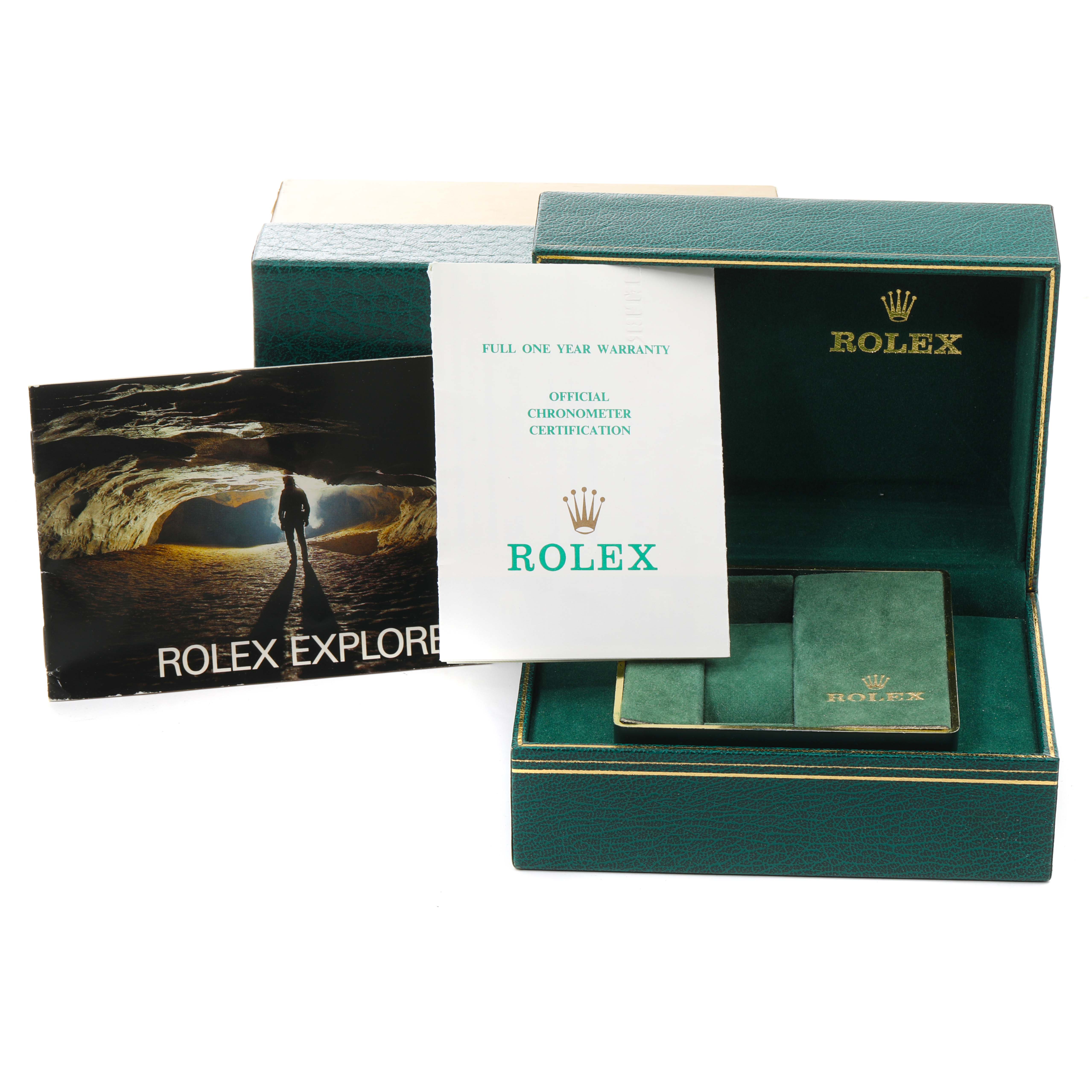 The image shows the packaging, warranty card, and manual for a Rolex Explorer 16550 Men's Stainless Steel White Dial 16550 Men's Stainless Steel White Dial watch.